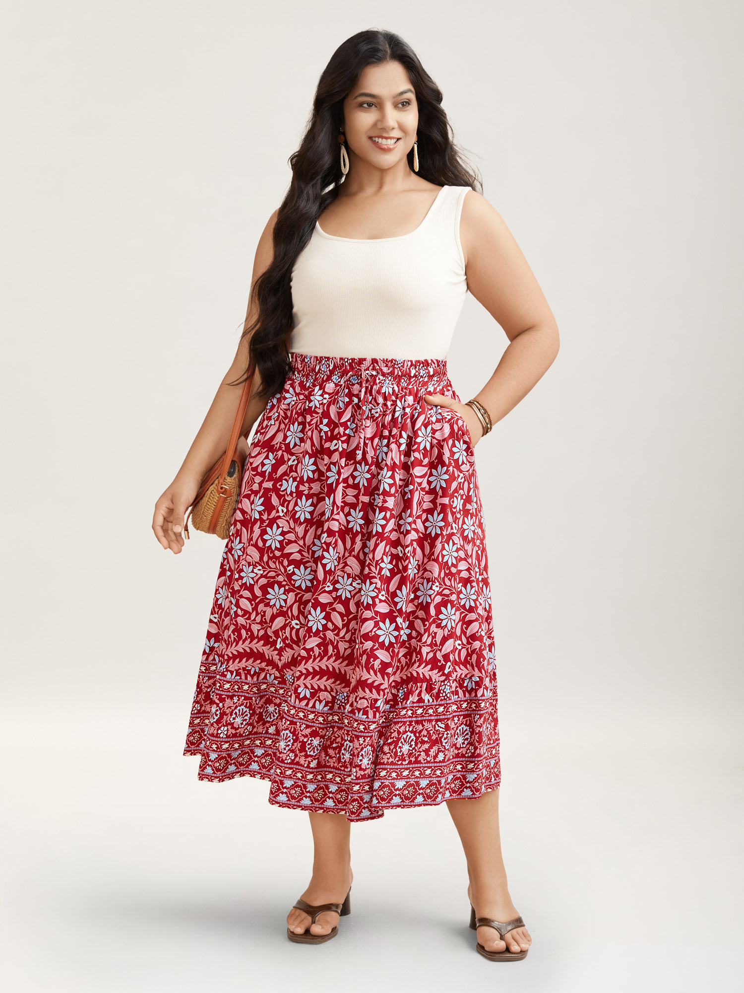 Plus Size Spring Floral Fusion Panelled Tiered Skirt Women Russet Resort Patchwork Low stretch Slanted pocket Vacation Skirts BloomChic 30/6X 