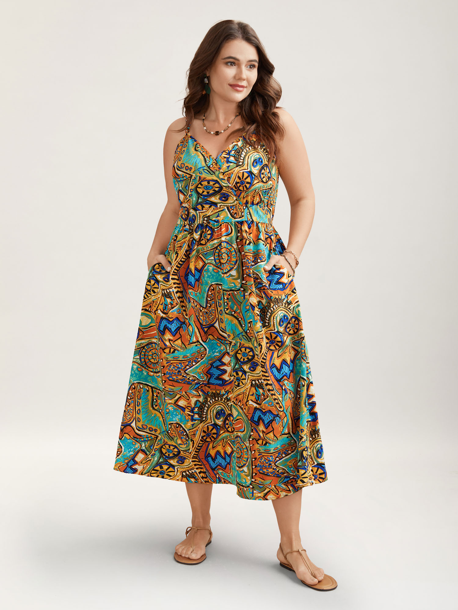 Plus Size Boho Print Stretchy Waist Pockets Maxi Dress Multicolor Women Resort Gathered Overlap Collar Sleeveless Curvy BloomChic 10/M 