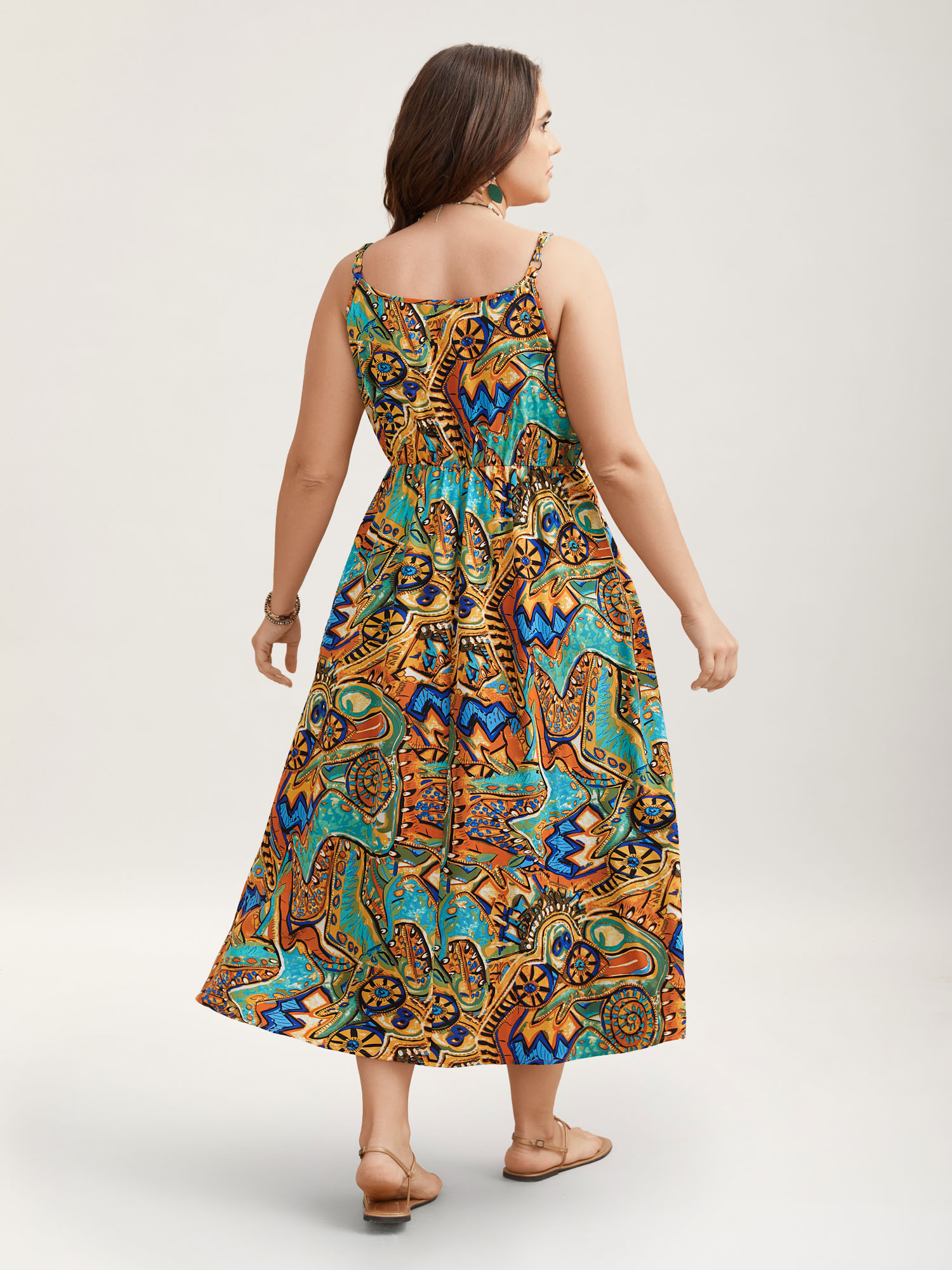 Plus Size Boho Print Stretchy Waist Pockets Maxi Dress Multicolor Women Resort Gathered Overlap Collar Sleeveless Curvy BloomChic 10/M 