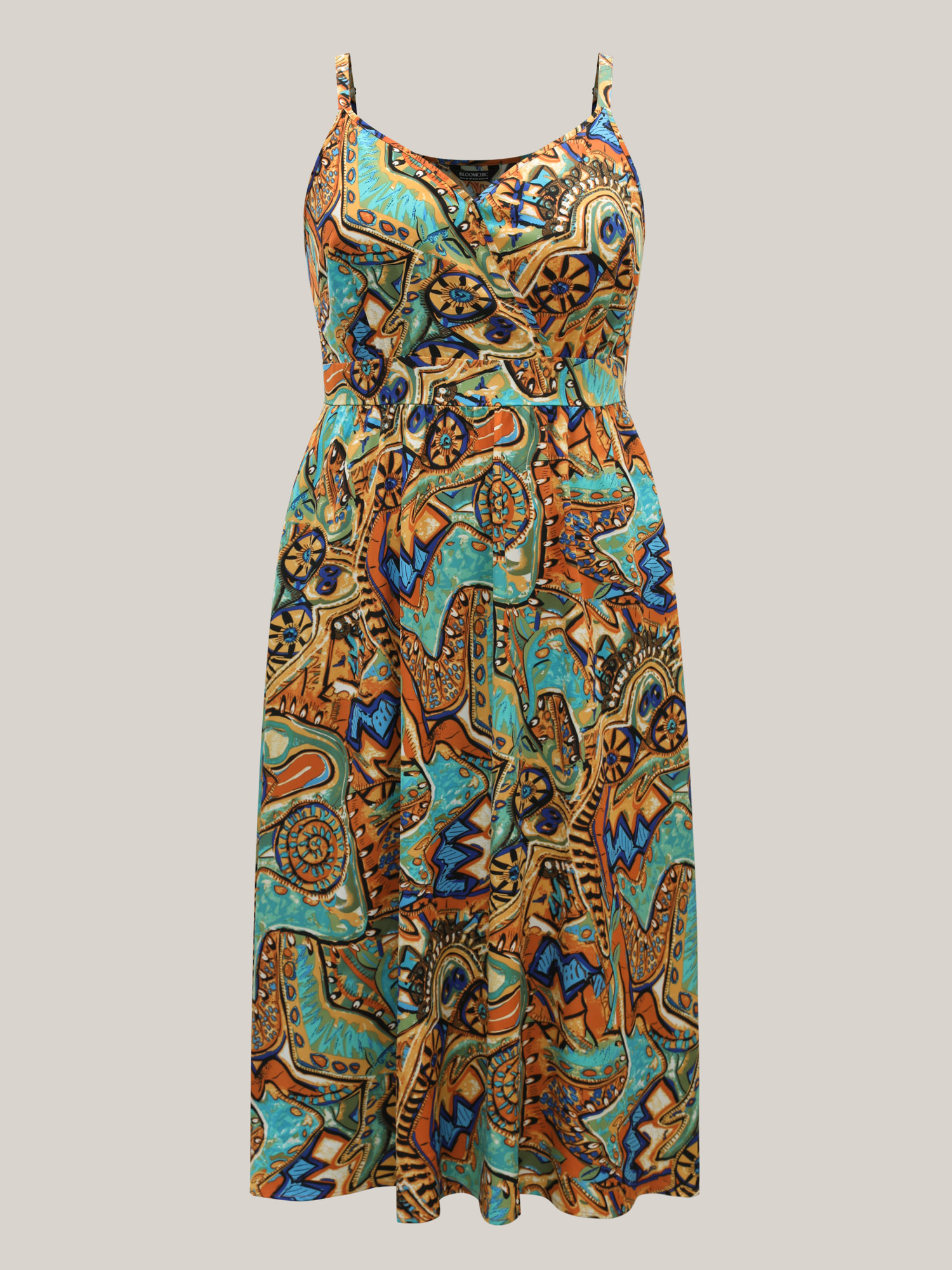 Plus Size Boho Print Stretchy Waist Pockets Maxi Dress Multicolor Women Resort Gathered Overlap Collar Sleeveless Curvy BloomChic 10/M 