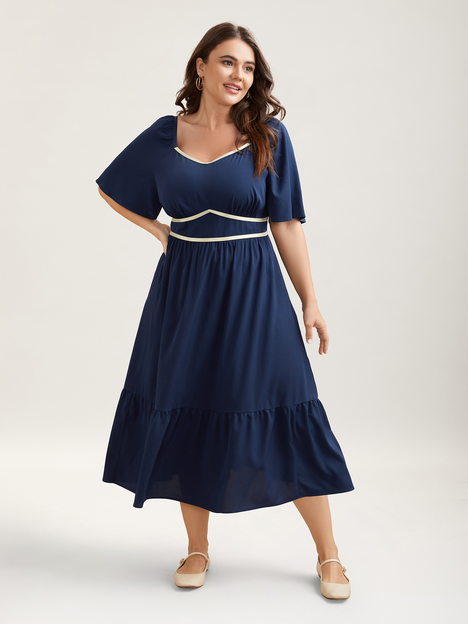 

Plus Size Textured Stretchy Waist Milkmaid Style Midi Dress Indigo Women Casual Woven ribbon&lace trim Heart neckline Short sleeve Curvy BloomChic