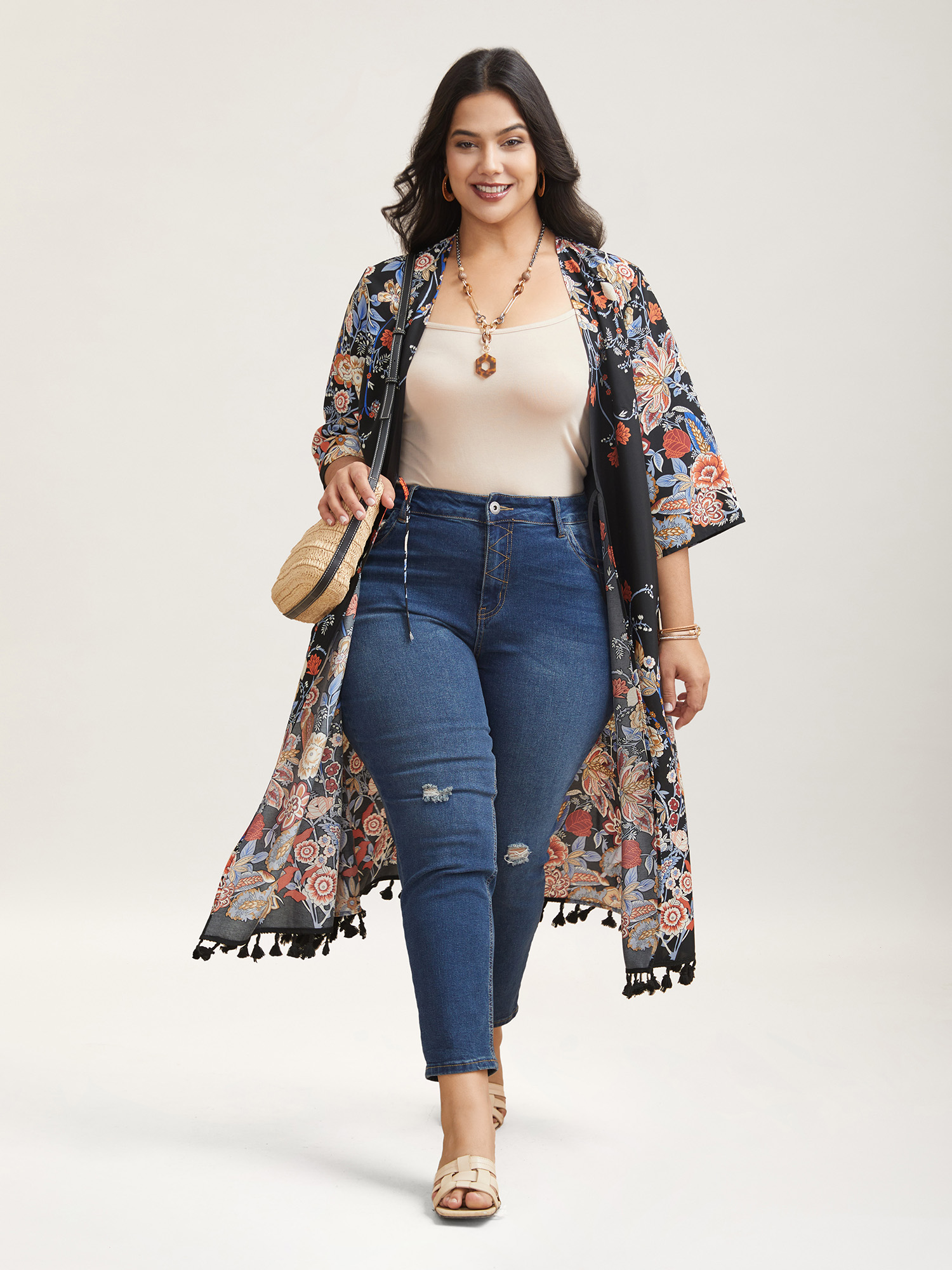 

Plus Size Romantic Floral Print Vacation Kimono Cardigan Women Black Resort Tie knot Loose Vacation Kimonos BloomChic