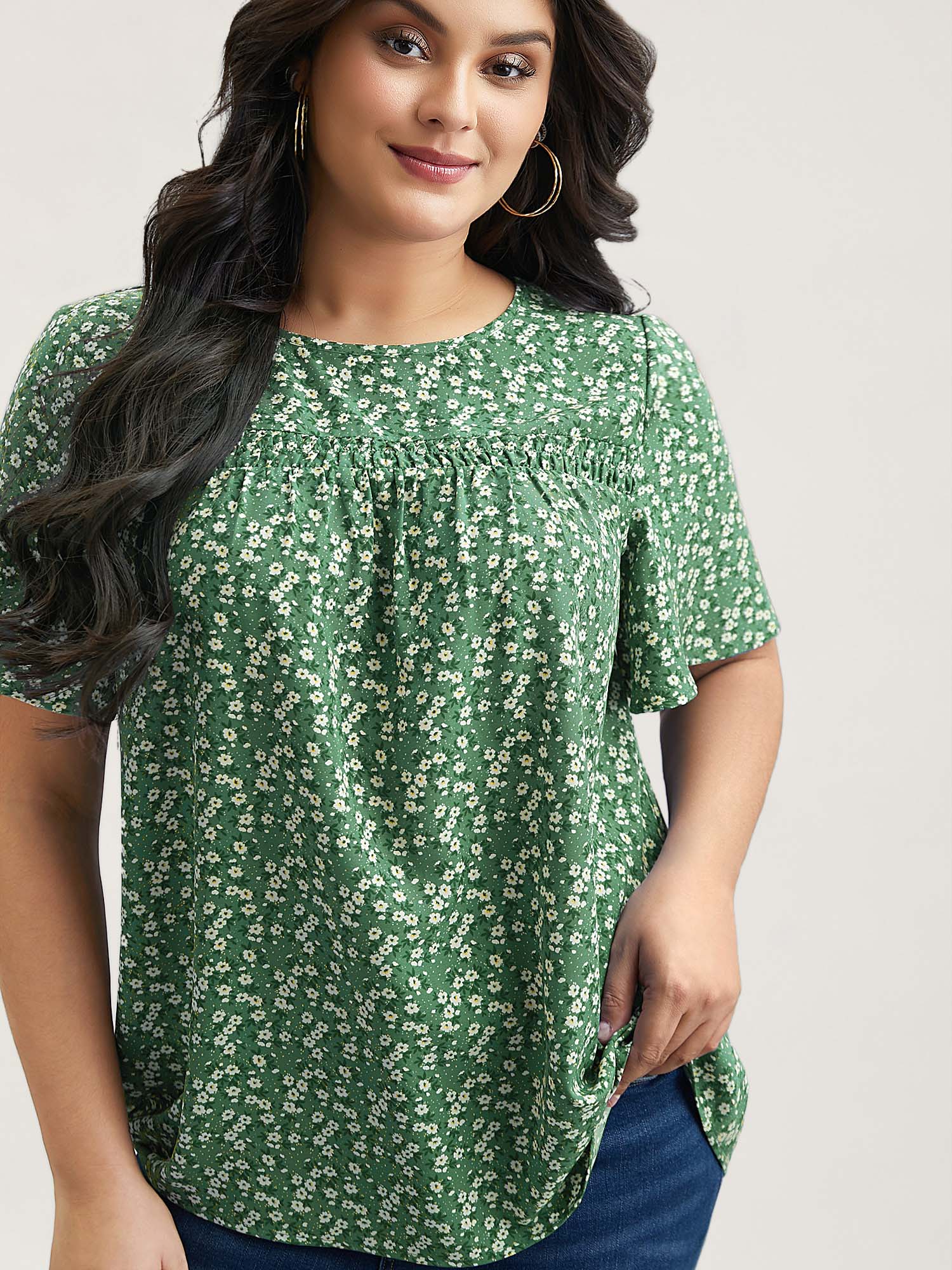 

Plus Size Greenbean Floral Ruffle Sleeve Gathered Round Neck Blouse Women Casual Short sleeve Round Neck Everyday Blouses BloomChic