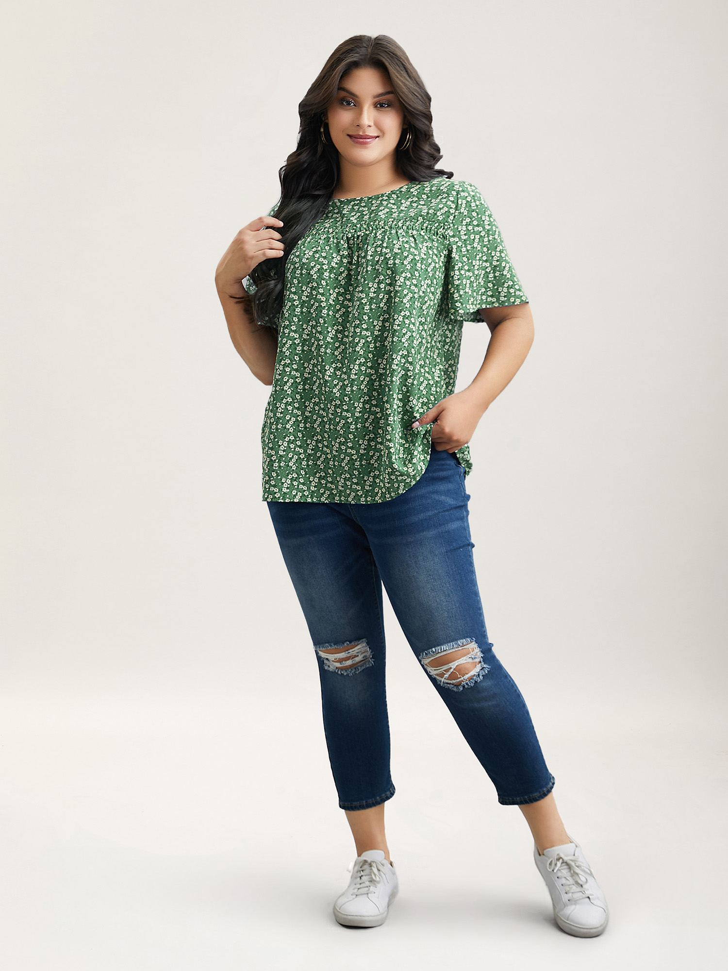 

Plus Size Greenbean Floral Ruffle Sleeve Gathered Round Neck Blouse Women Casual Short sleeve Round Neck Everyday Blouses BloomChic