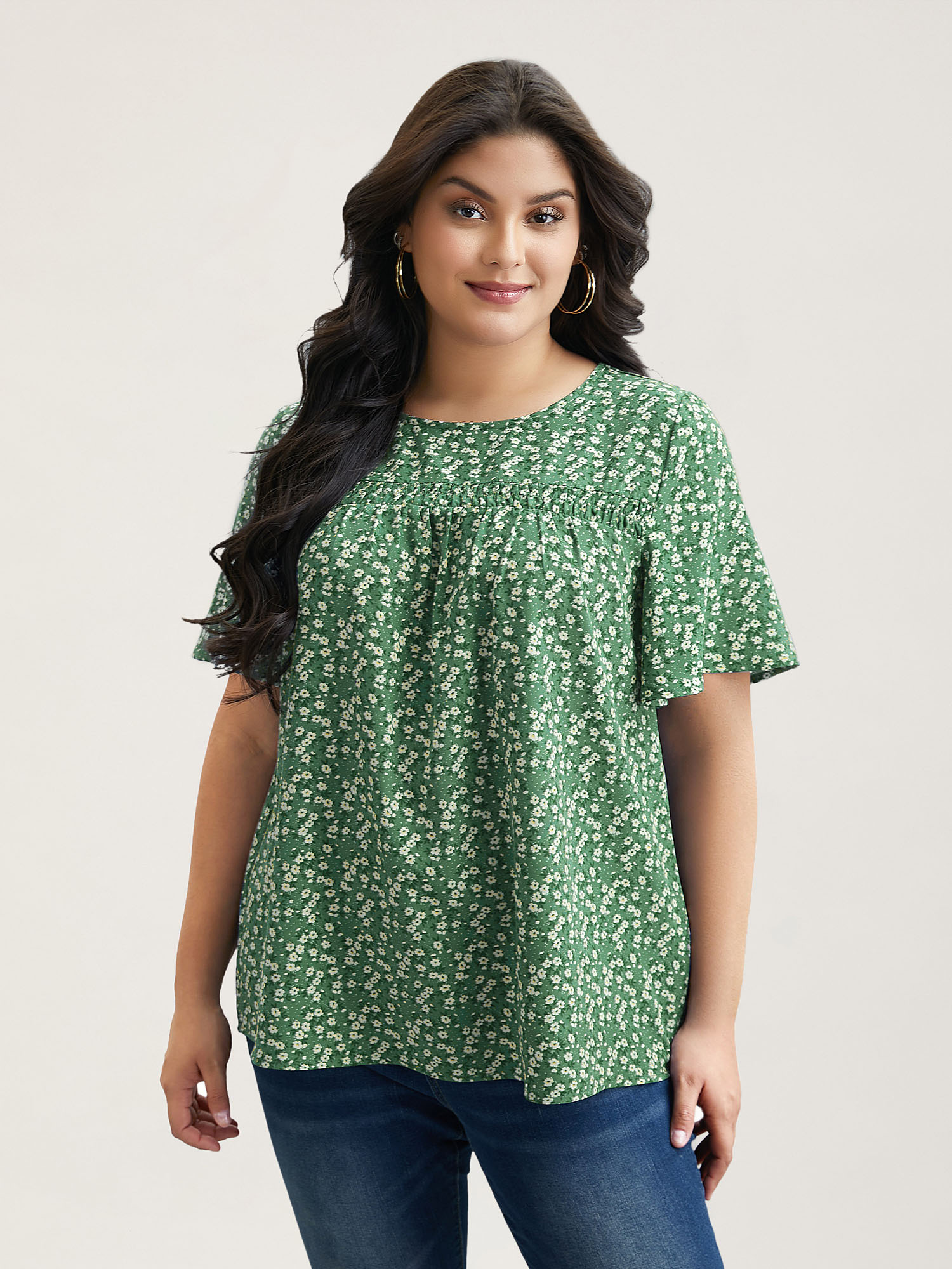 Plus Size Greenbean Floral Ruffle Sleeve Gathered Round Neck Blouse Women Casual Short sleeve Round Neck Everyday Blouses BloomChic 28/5X 