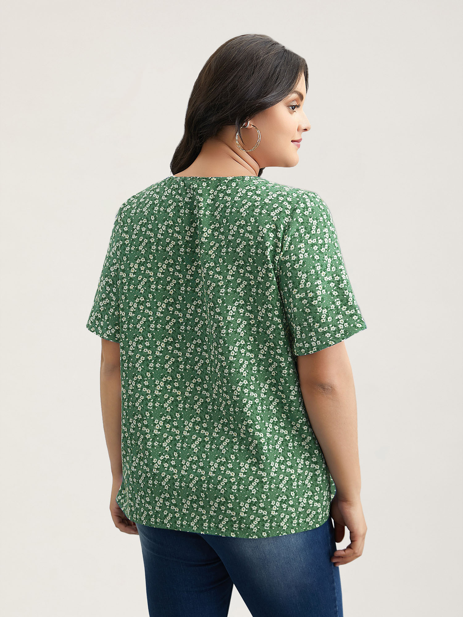 Plus Size Greenbean Floral Ruffle Sleeve Gathered Round Neck Blouse Women Casual Short sleeve Round Neck Everyday Blouses BloomChic 28/5X 
