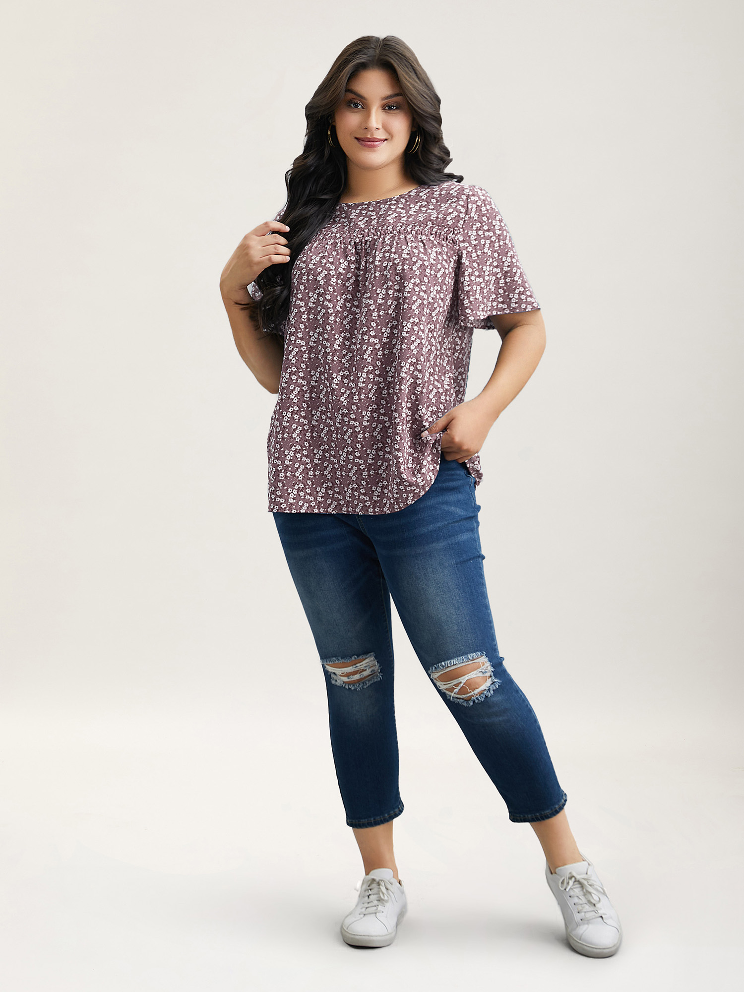 Plus Size Lilac Floral Ruffle Sleeve Gathered Round Neck Blouse Women Casual Short sleeve Round Neck Everyday Blouses BloomChic 18-20/2X 
