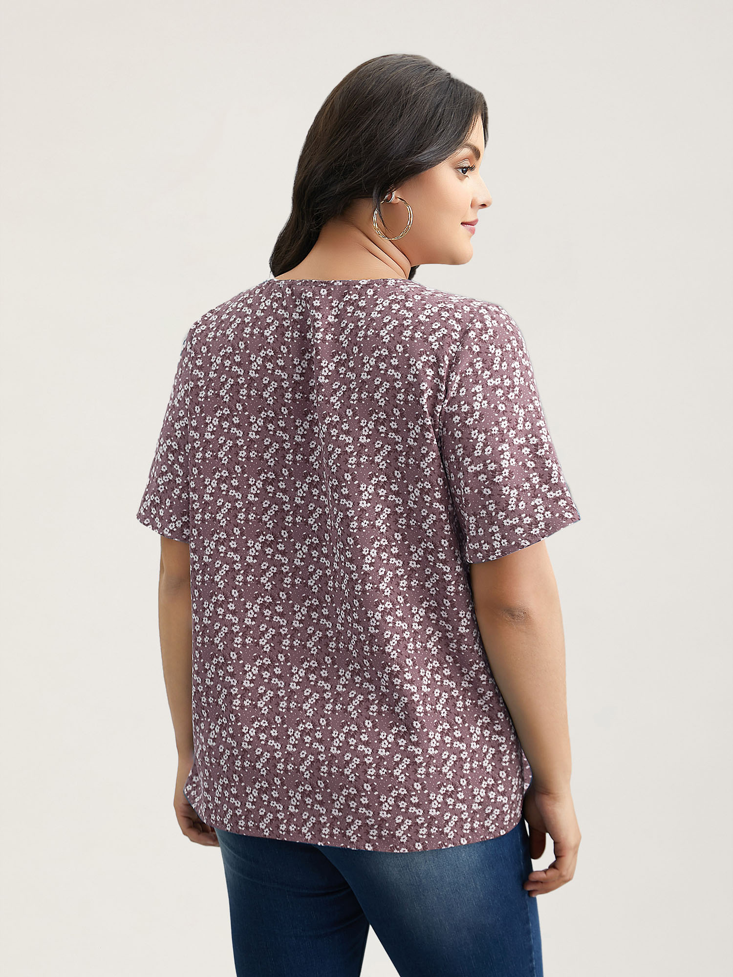 Plus Size Lilac Floral Ruffle Sleeve Gathered Round Neck Blouse Women Casual Short sleeve Round Neck Everyday Blouses BloomChic 18-20/2X 