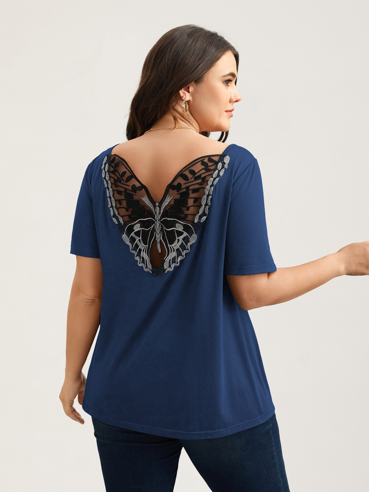 

Plus Size Butterfly Back Stretchy Round Neck T-Shirt Indigo Women Elegant See through Round Neck Everyday T-shirts BloomChic