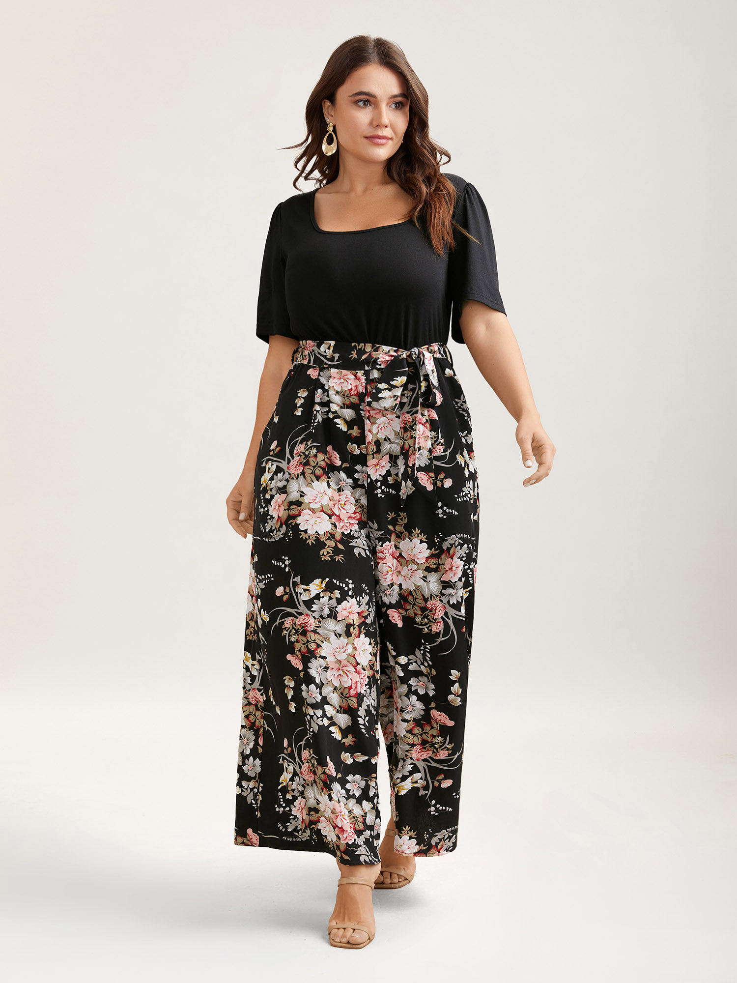 Plus Size Black Color Contrast Belted Panel Pockets Jumpsuit Women Elegant Short sleeve Square Neck Everyday Loose Jumpsuits BloomChic 30/6X 
