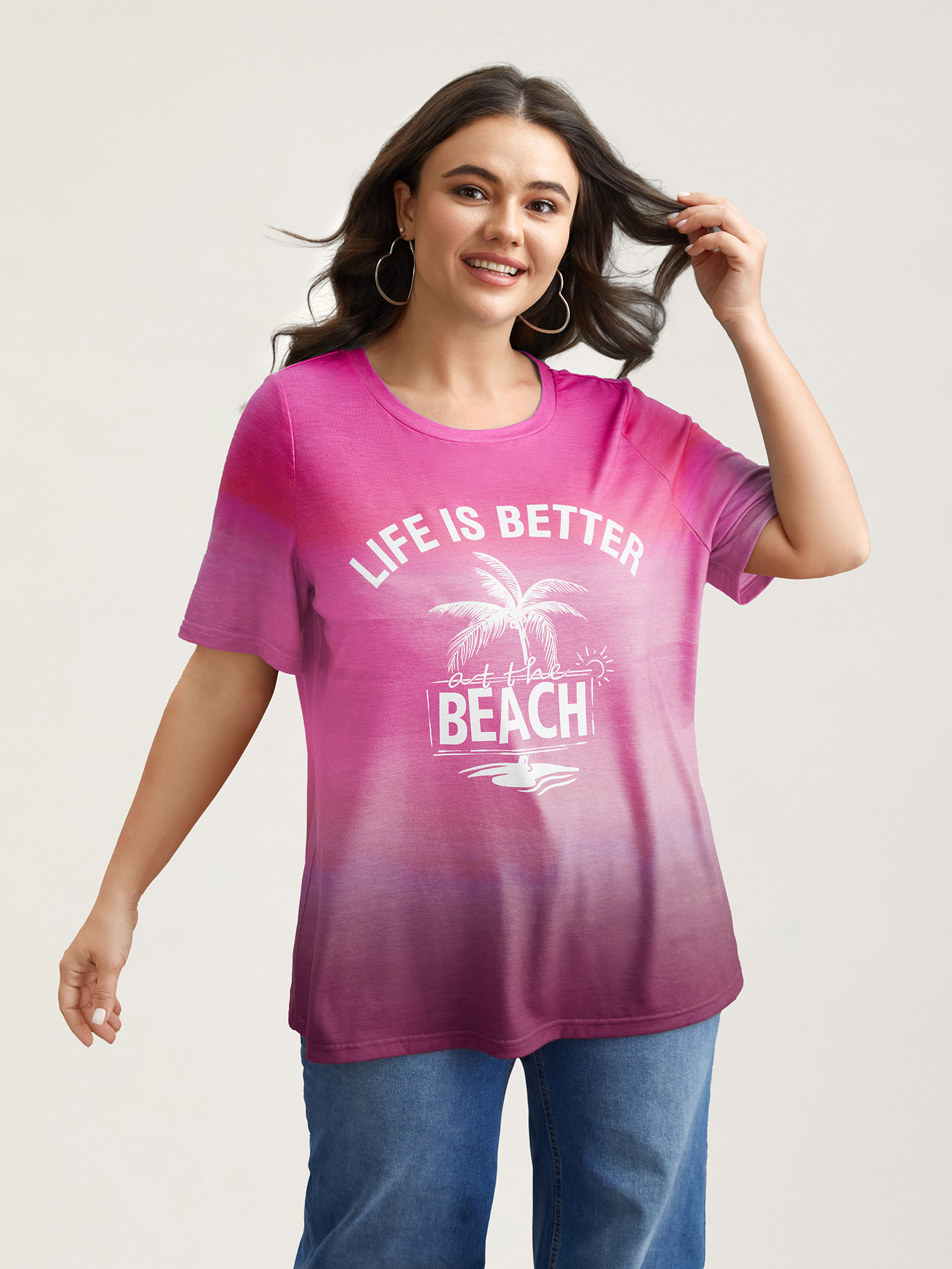 Plus Size Gradient Beach Print Fitted T-Shirt Plum Women Casual Contrast Tropical Round Neck Everyday T-shirts BloomChic 30/6X 