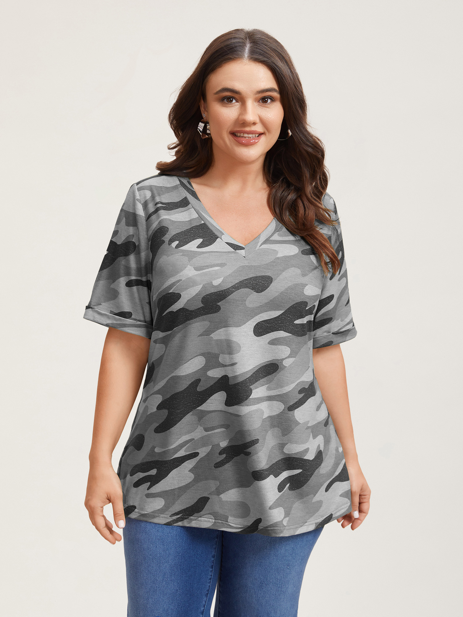 Plus Size Camouflage Print V-Neck Curvy T-Shirt DarkGray Women Elegant Roll Hem V-neck Everyday T-shirts BloomChic 18-20/2X 