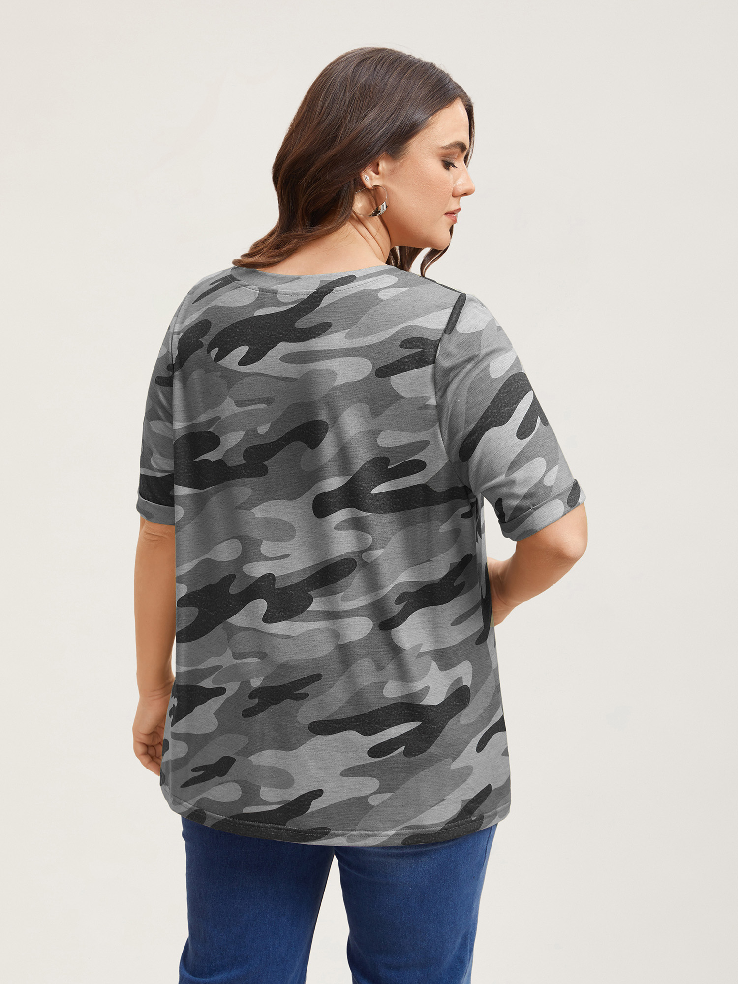 Plus Size Camouflage Print V-Neck Curvy T-Shirt DarkGray Women Elegant Roll Hem V-neck Everyday T-shirts BloomChic 18-20/2X 