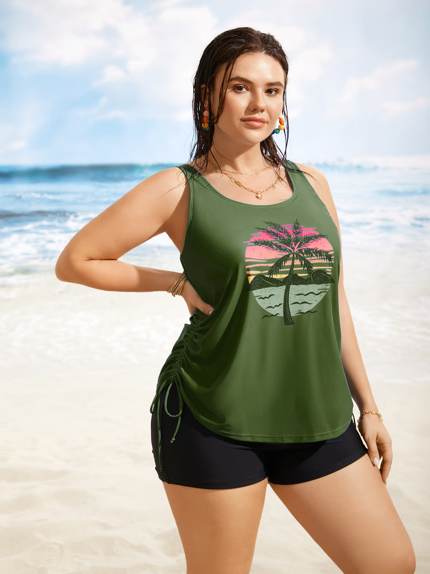 

Plus Size Island Print Drawstring Adjustable Swim Top Women's Swimwear ArmyGreen Beach Contrast High stretch Loose U-neck Curve Swim Tops BloomChic