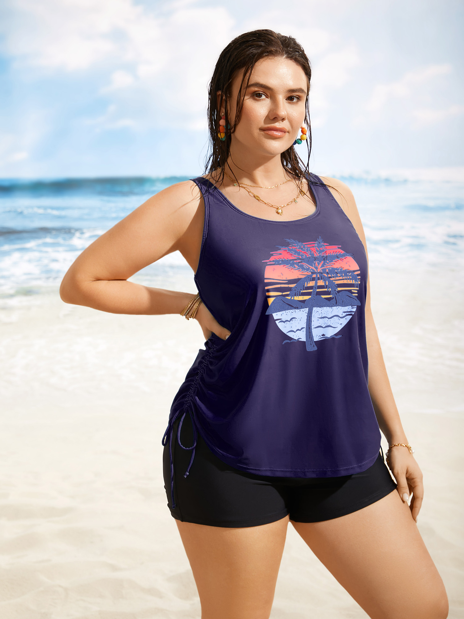 

Plus Size Island Print Drawstring Adjustable Swim Top Women's Swimwear Midnight Beach Contrast High stretch Loose U-neck Curve Swim Tops BloomChic