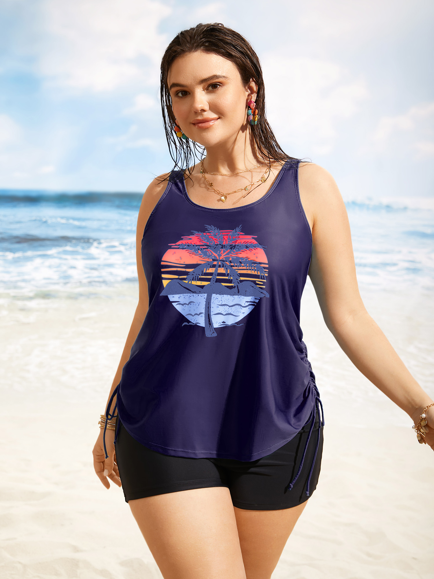 Plus Size Island Print Drawstring Adjustable Swim Top Women`s Swimwear Midnight Beach Contrast High stretch Loose U-neck Curve Swim Tops BloomChic 22-24/3X 