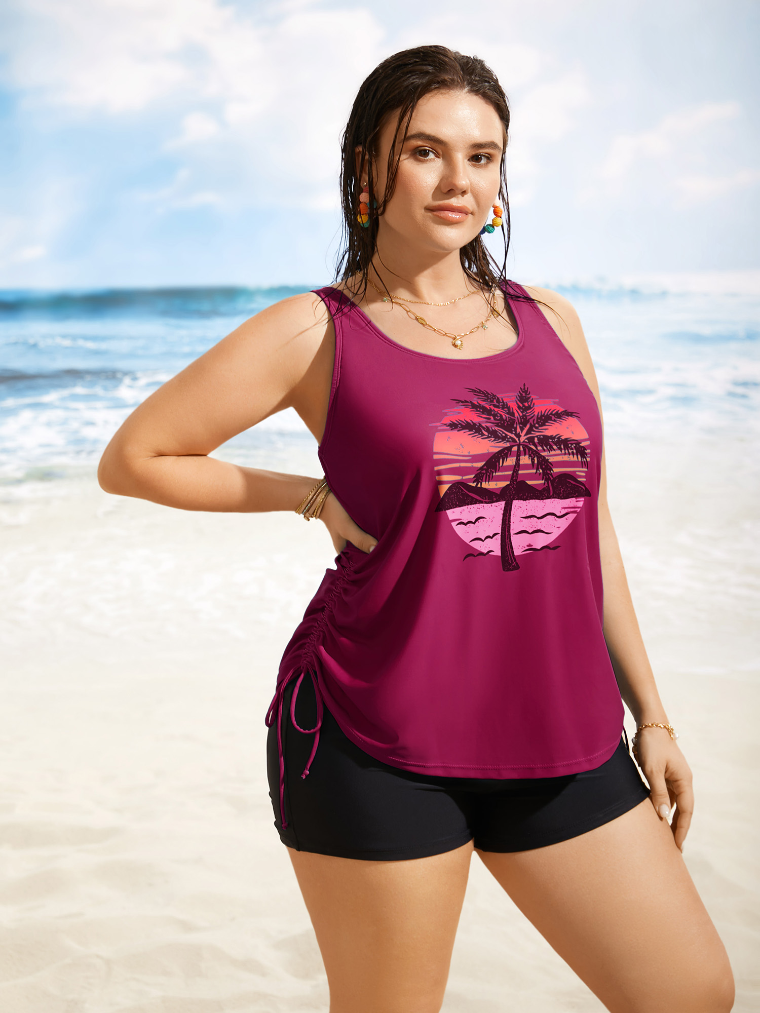 

Plus Size Island Print Drawstring Adjustable Swim Top Women's Swimwear Rosered Beach Contrast High stretch Loose U-neck Curve Swim Tops BloomChic