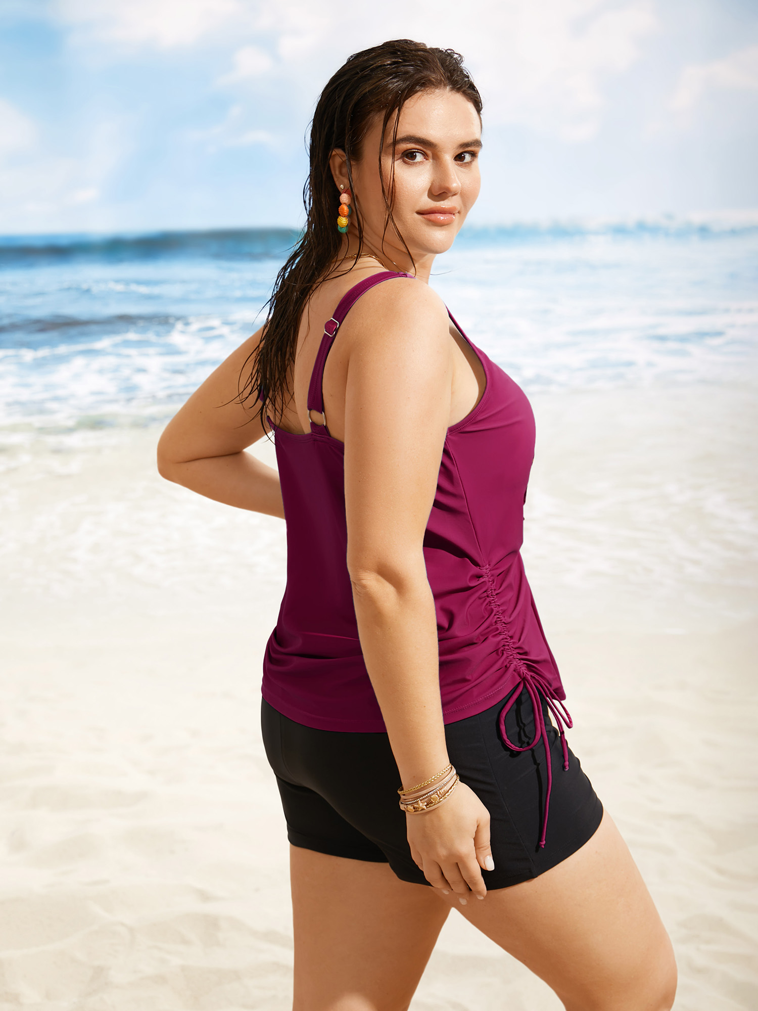 Plus Size Island Print Drawstring Adjustable Swim Top Women`s Swimwear Rosered Beach Contrast High stretch Loose U-neck Curve Swim Tops BloomChic 14-16/1X 