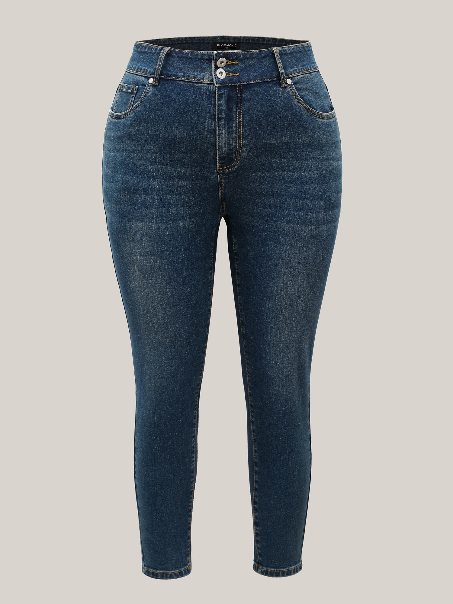 Plus Size Whiskered Wash Mid-Rise Skinny-Fit Jeans Women Denimblue Casual Non High stretch Slanted pocket Jeans BloomChic 26/4X 