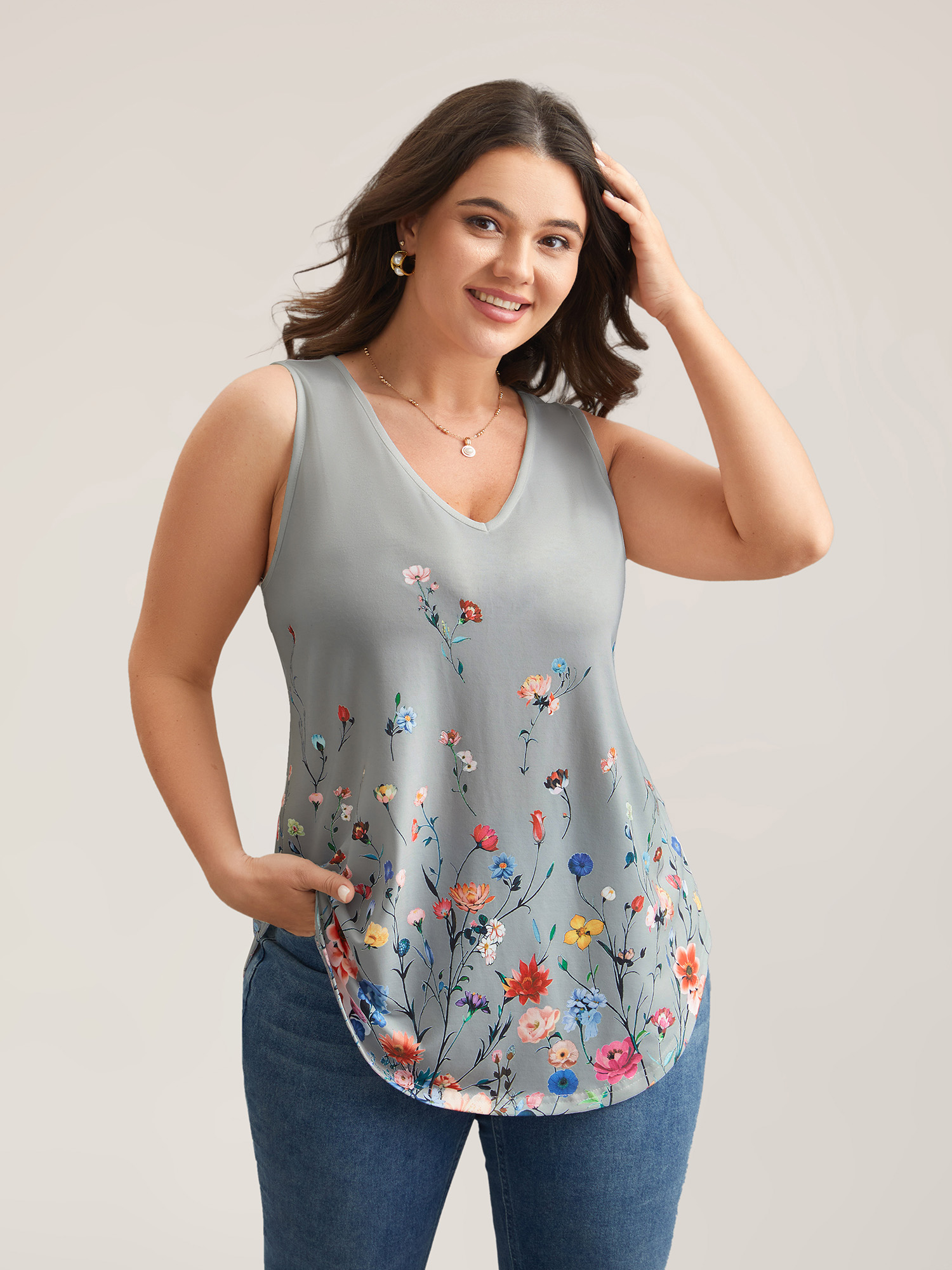 

Plus Size Blooming Flowers Print Stretchy Vest Women DarkGray Elegant Non V-neck Everyday Tank Tops Camis BloomChic