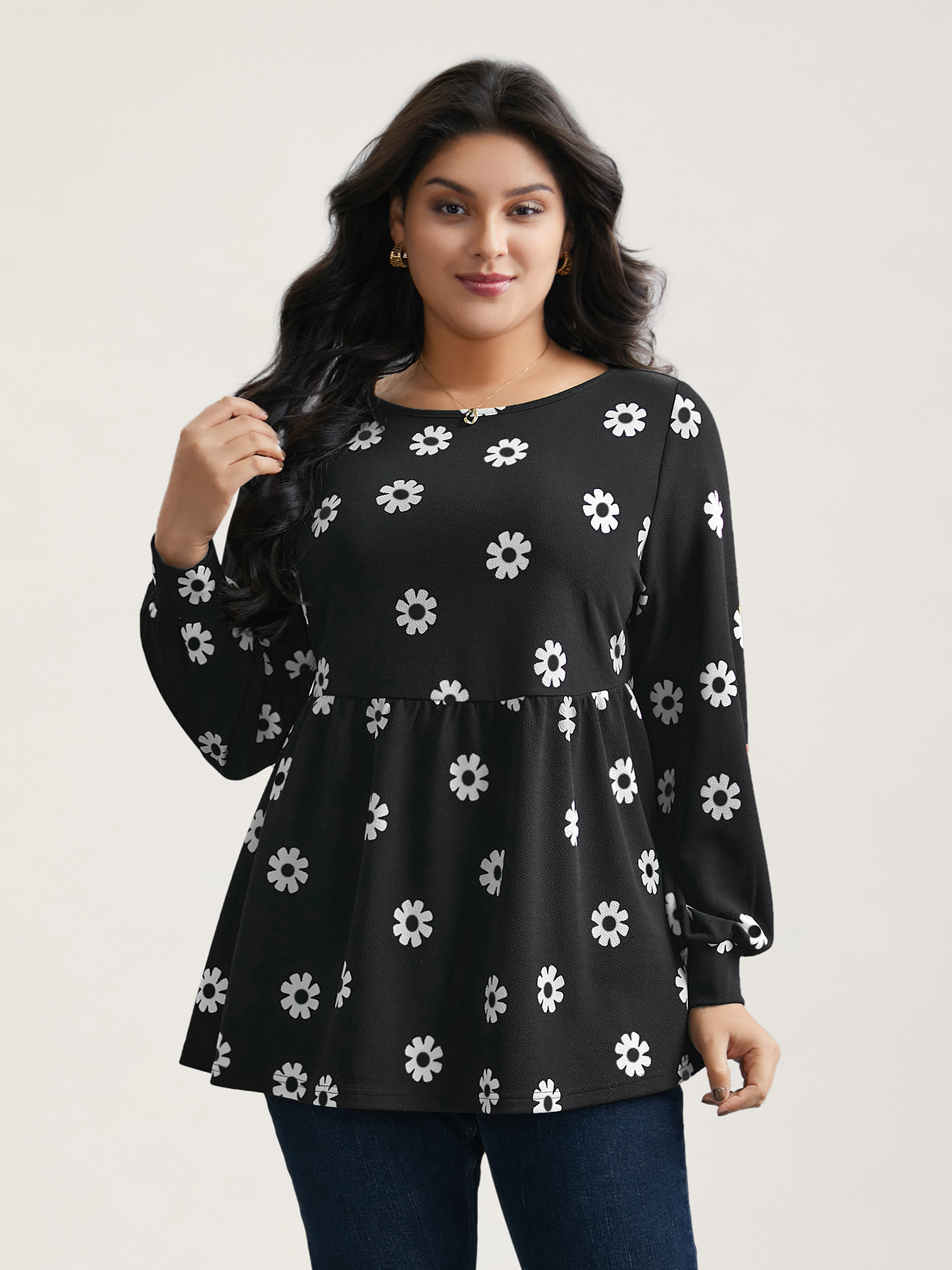 

Plus Size Multi-Color Floral Textured Stretchy Knit Top BlackFlower Round Neck Extra Long Sleeve Elegant Jersey Tops