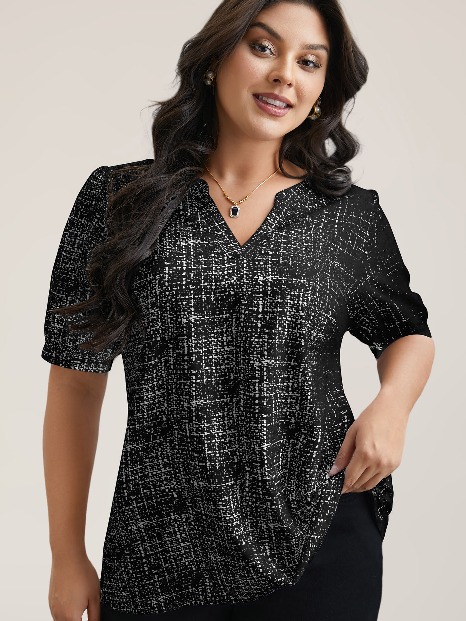 

Plus Size Black Geometric Print Puff Sleeve Blouse Women Elegant Short sleeve Flat collar with V-notch Everyday Blouses BloomChic