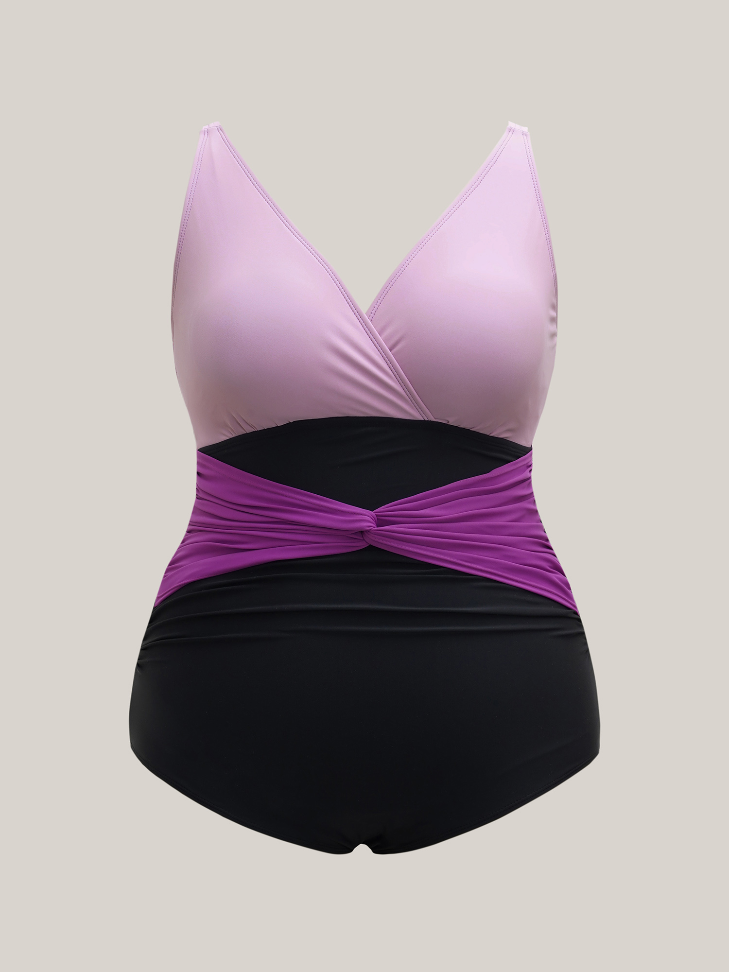 Plus Size Color Block Ruched One-Piece Swimsuit Women`s Swimwear Lilac Beach Twist Curve Bathing Suits High stretch One Pieces BloomChic 14-16/1X 