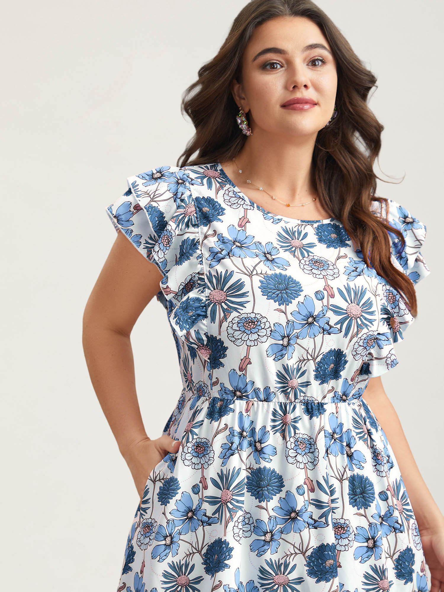 

Plus Size Ruffled Floral Print Stretchy-Waist Midi Dress LightBlue Women Elegant Ruffles Round Neck Cap Sleeve Curvy BloomChic