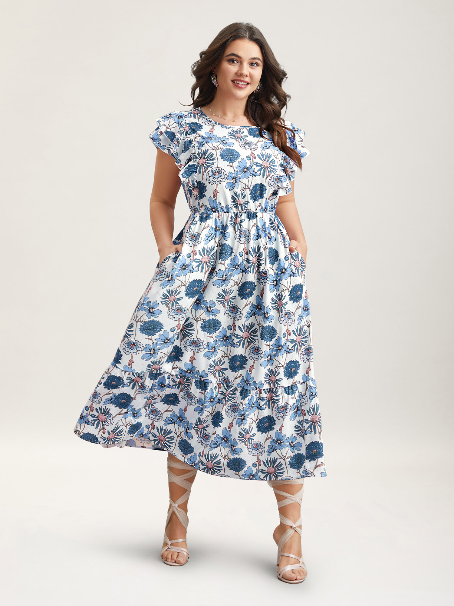 

Plus Size Ruffled Floral Print Stretchy-Waist Midi Dress LightBlue Women Elegant Ruffles Round Neck Cap Sleeve Curvy BloomChic