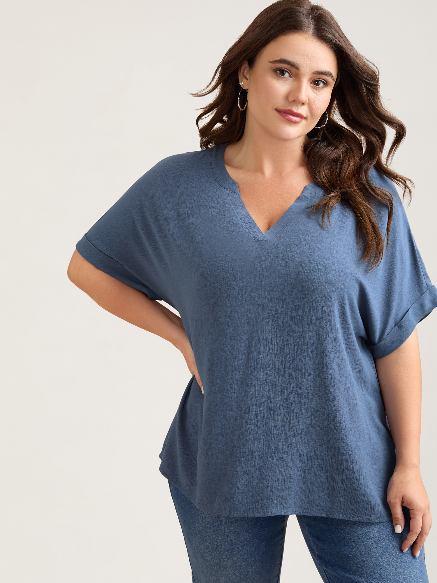 

Plus Size Aegean Rayon Dolman Sleeve Notched Collar Blouse Women Casual Short sleeve Flat collar with V-notch Everyday Blouses BloomChic