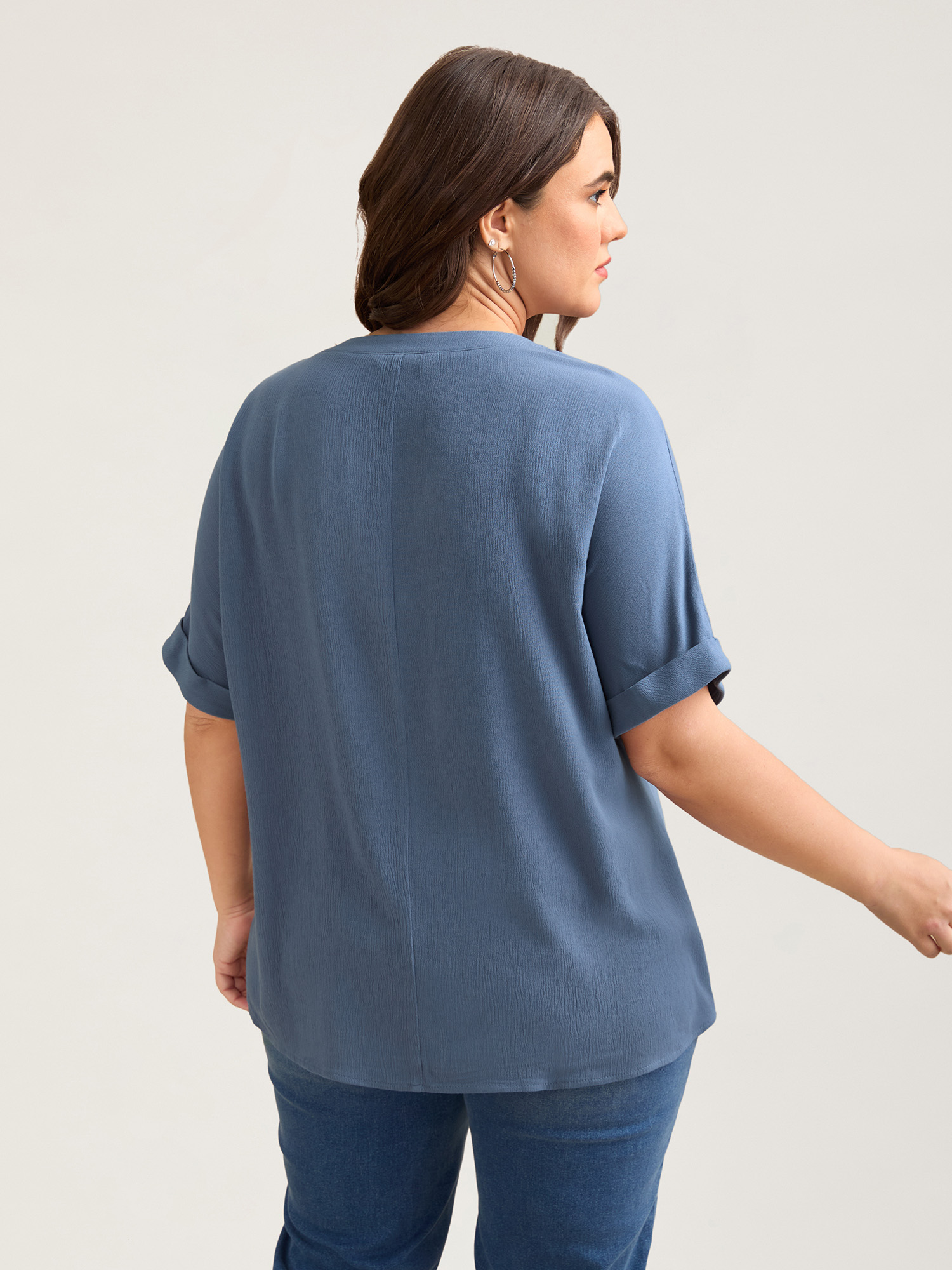 Plus Size Aegean Rayon Dolman Sleeve Notched Collar Blouse Women Casual Short sleeve Flat collar with V-notch Everyday Blouses BloomChic 14-16/1X 