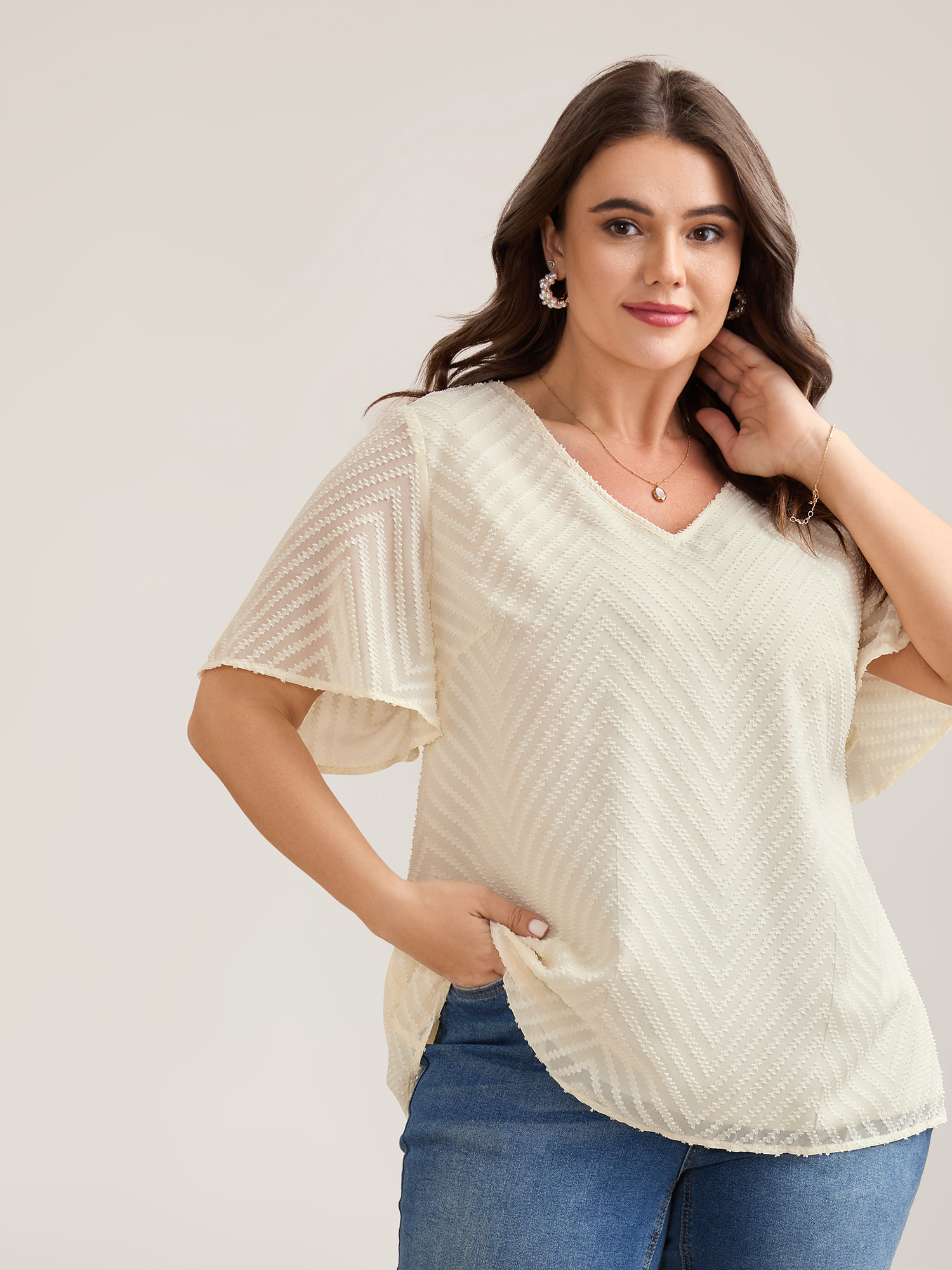 

Plus Size Ivory Textured Sheer Ruffled Sleeve Blouse Women Elegant Short sleeve V-neck Everyday Blouses BloomChic