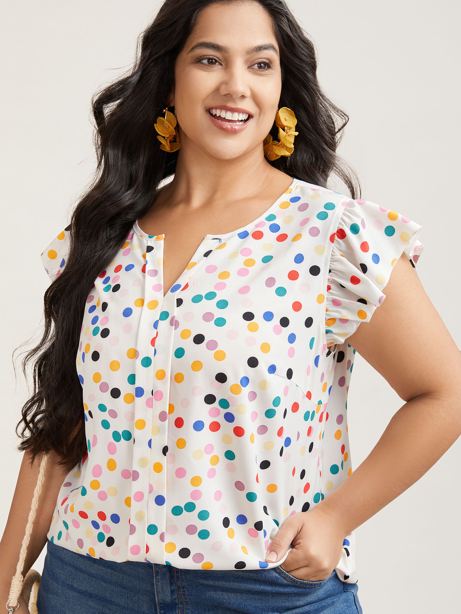 

Plus Size Multicolor Rayon Polka Dot Flutter Sleeve Blouse Women Resort Cap Sleeve Non Vacation Blouses BloomChic