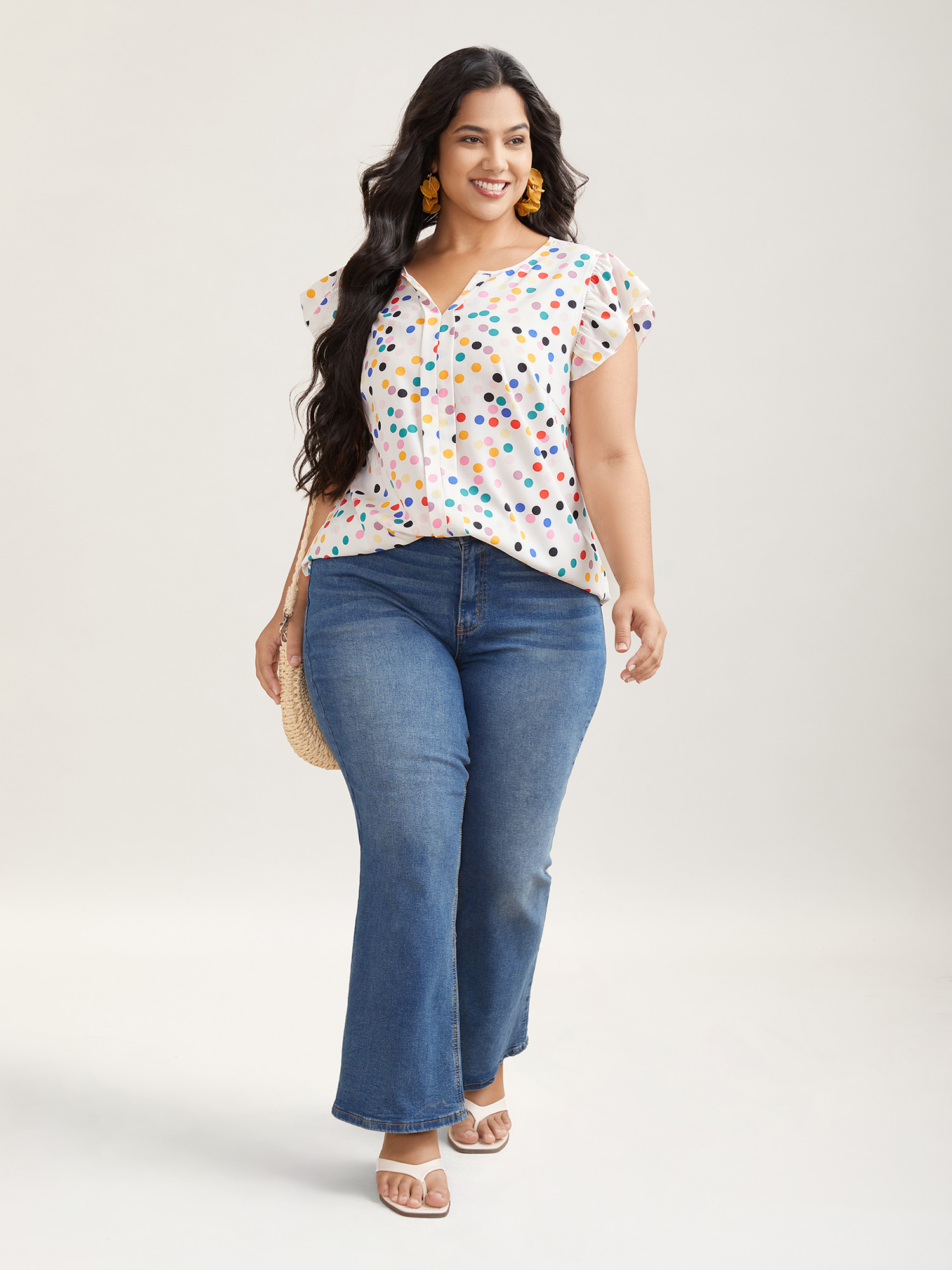 Plus Size Multicolor Rayon Polka Dot Flutter Sleeve Blouse Women Resort Cap Sleeve Non Vacation Blouses BloomChic 28/5X 