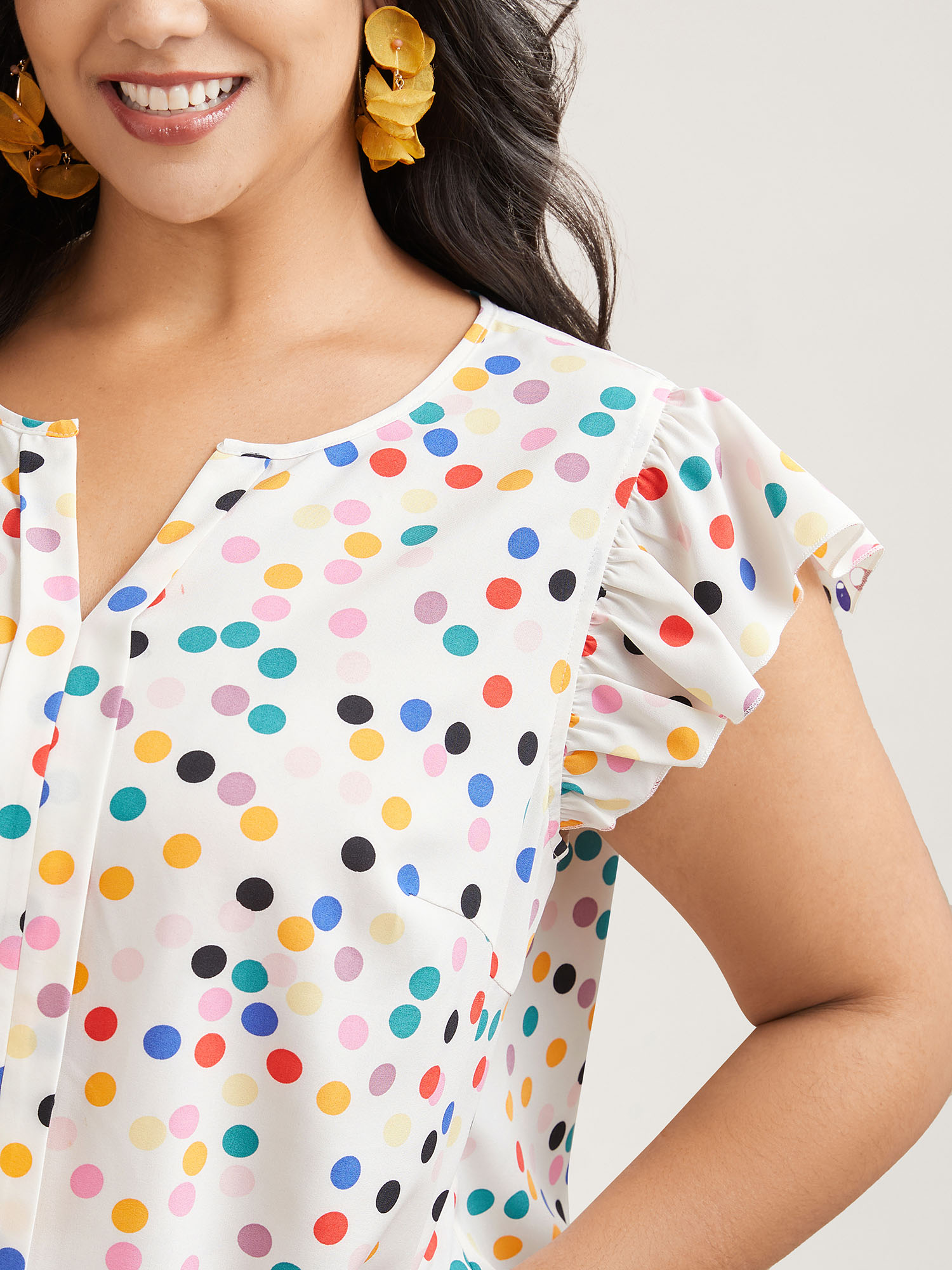 Plus Size Multicolor Rayon Polka Dot Flutter Sleeve Blouse Women Resort Cap Sleeve Non Vacation Blouses BloomChic 28/5X 