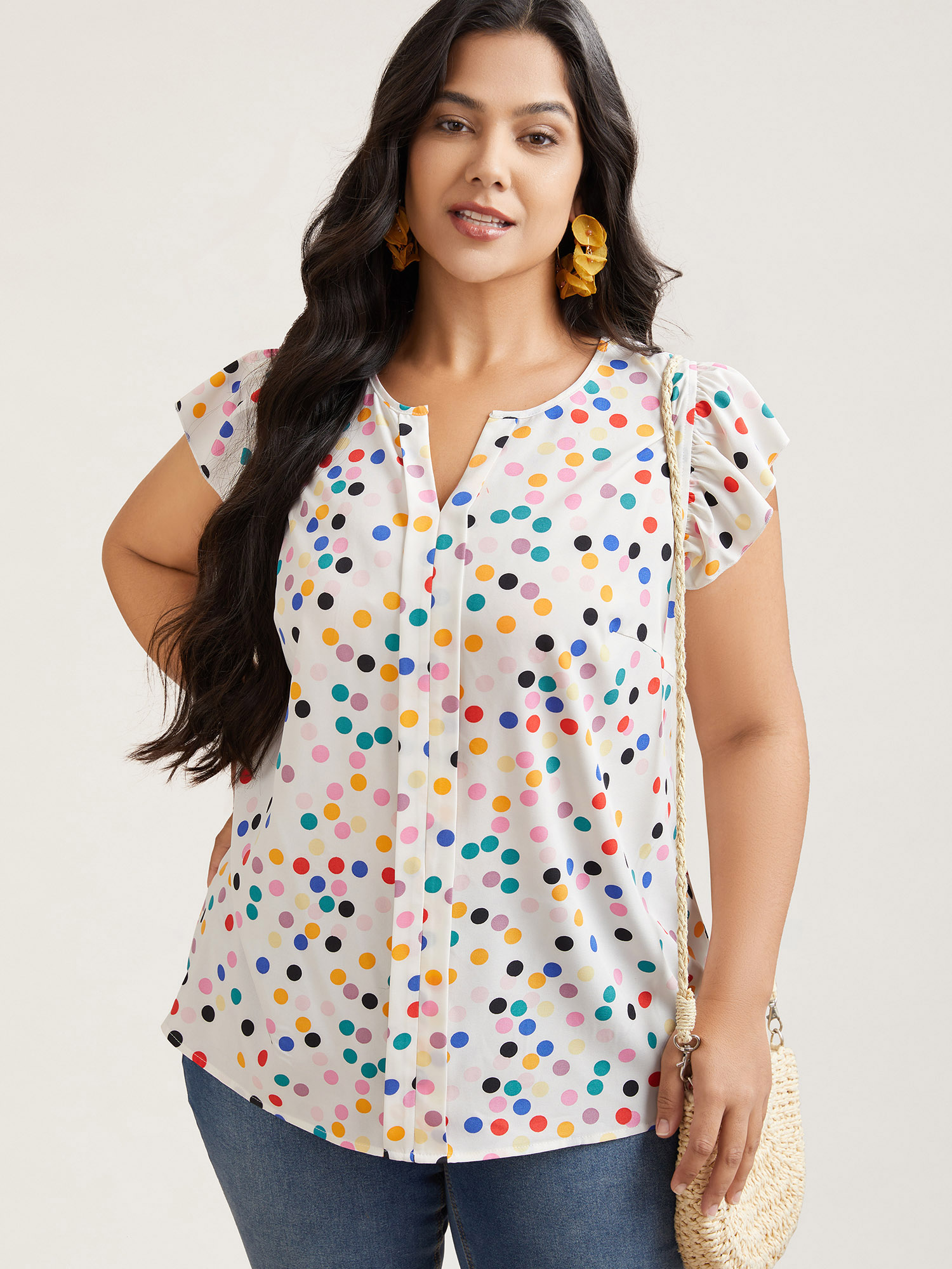 Plus Size Multicolor Rayon Polka Dot Flutter Sleeve Blouse Women Resort Cap Sleeve Non Vacation Blouses BloomChic 28/5X 