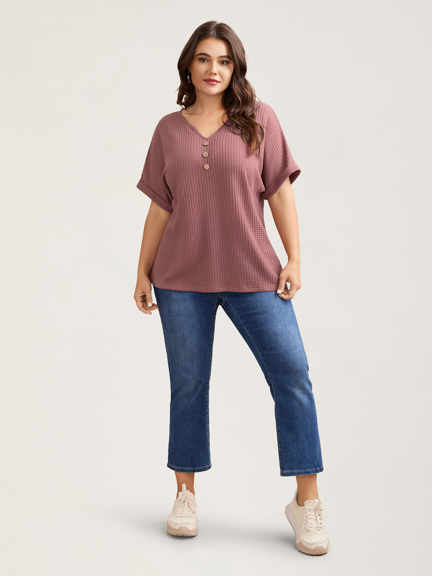 Plus Size Waffle Knit Stretchy Button Split Neck T-Shirt DustyPink Women Casual Texture Flat collar with V-notch Everyday T-shirts BloomChic 30/6X 