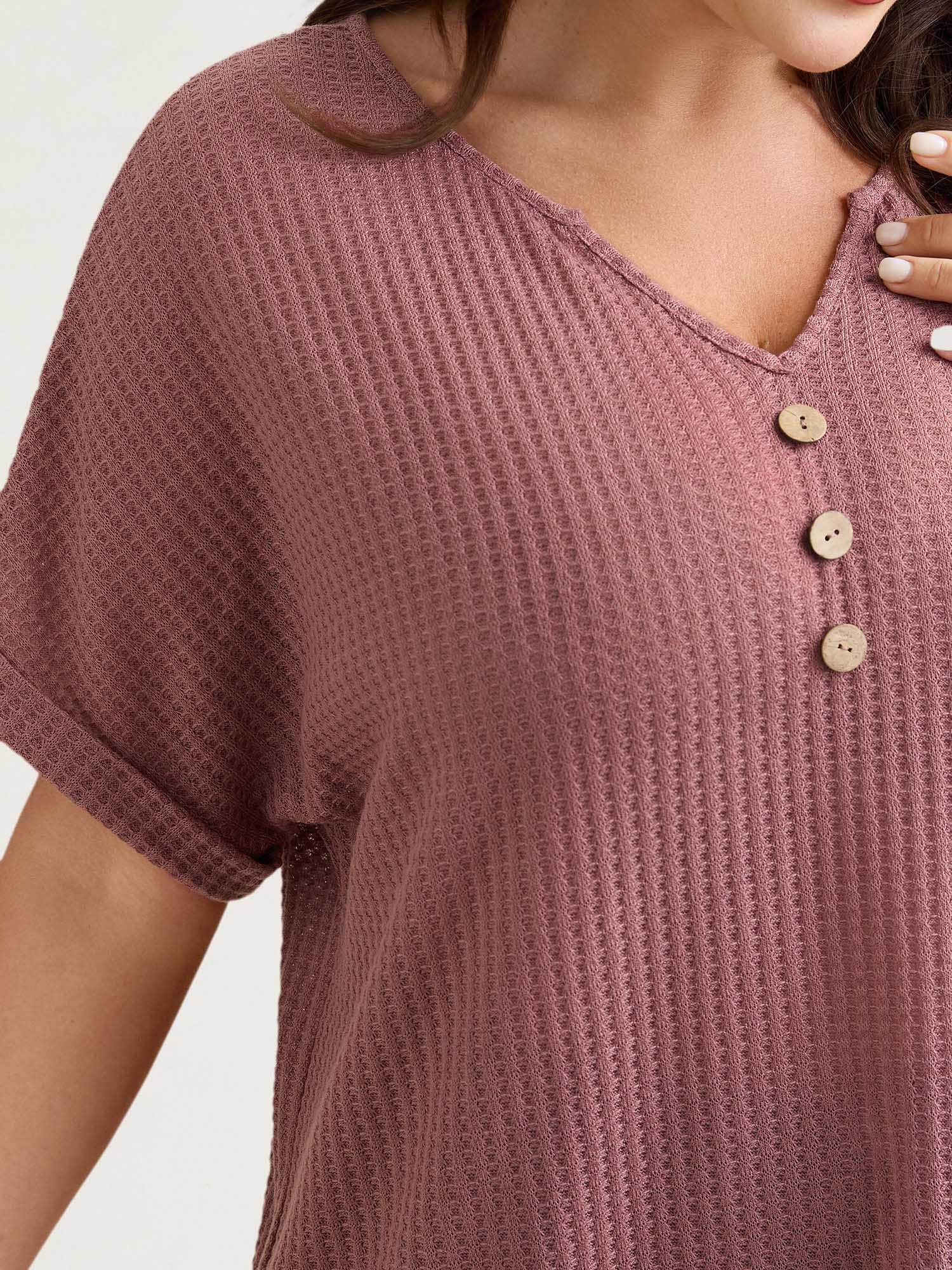 Plus Size Waffle Knit Stretchy Button Split Neck T-Shirt DustyPink Women Casual Texture Flat collar with V-notch Everyday T-shirts BloomChic 30/6X 