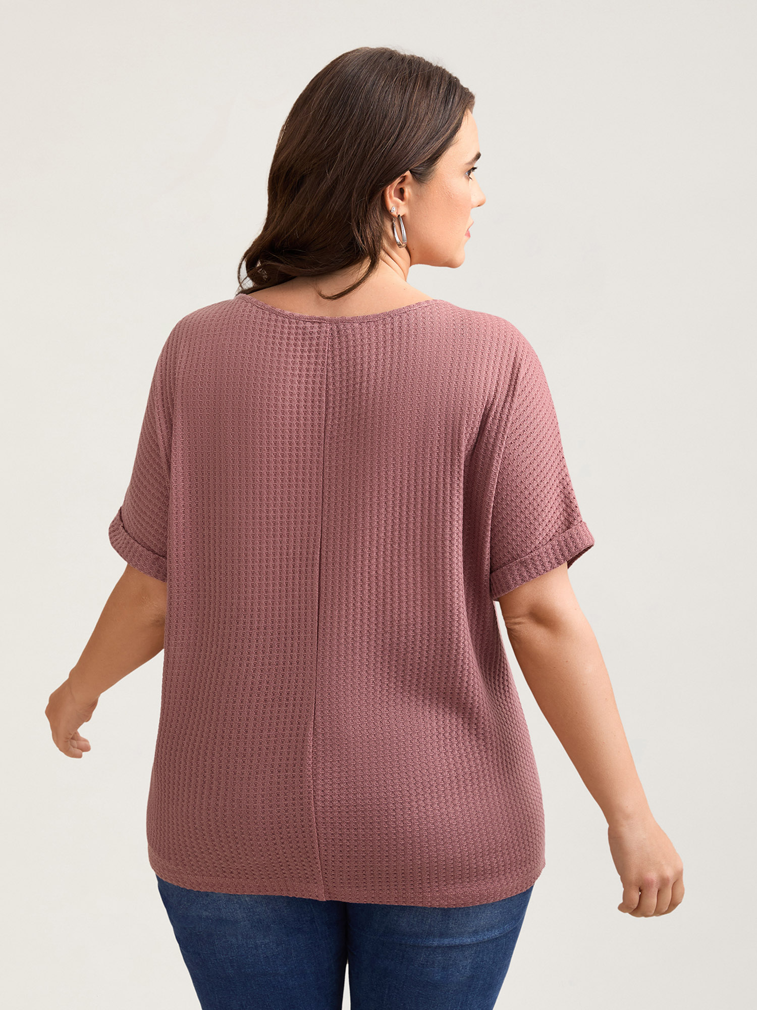 Plus Size Waffle Knit Stretchy Button Split Neck T-Shirt DustyPink Women Casual Texture Flat collar with V-notch Everyday T-shirts BloomChic 30/6X 