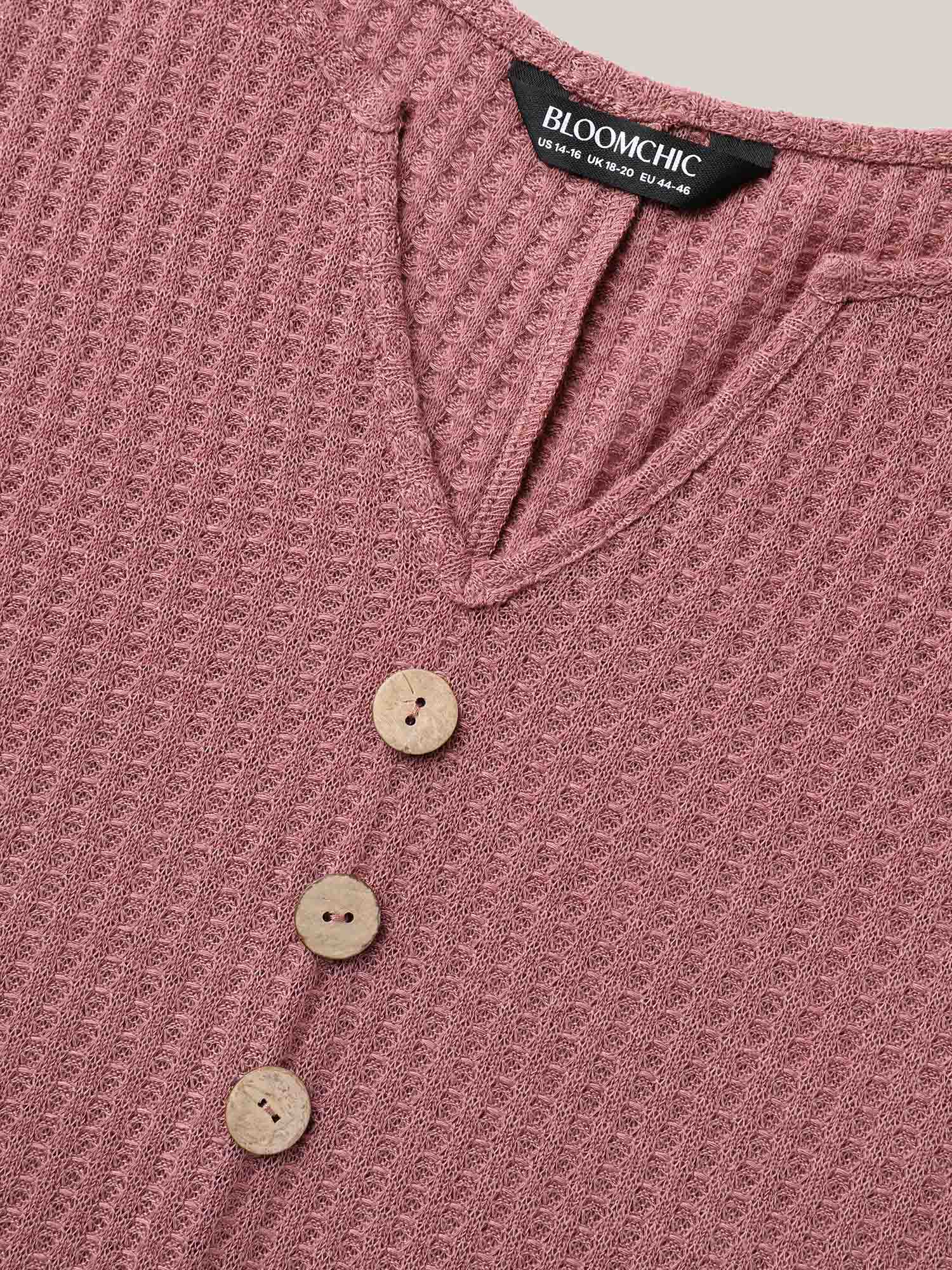 Plus Size Waffle Knit Stretchy Button Split Neck T-Shirt DustyPink Women Casual Texture Flat collar with V-notch Everyday T-shirts BloomChic 30/6X 