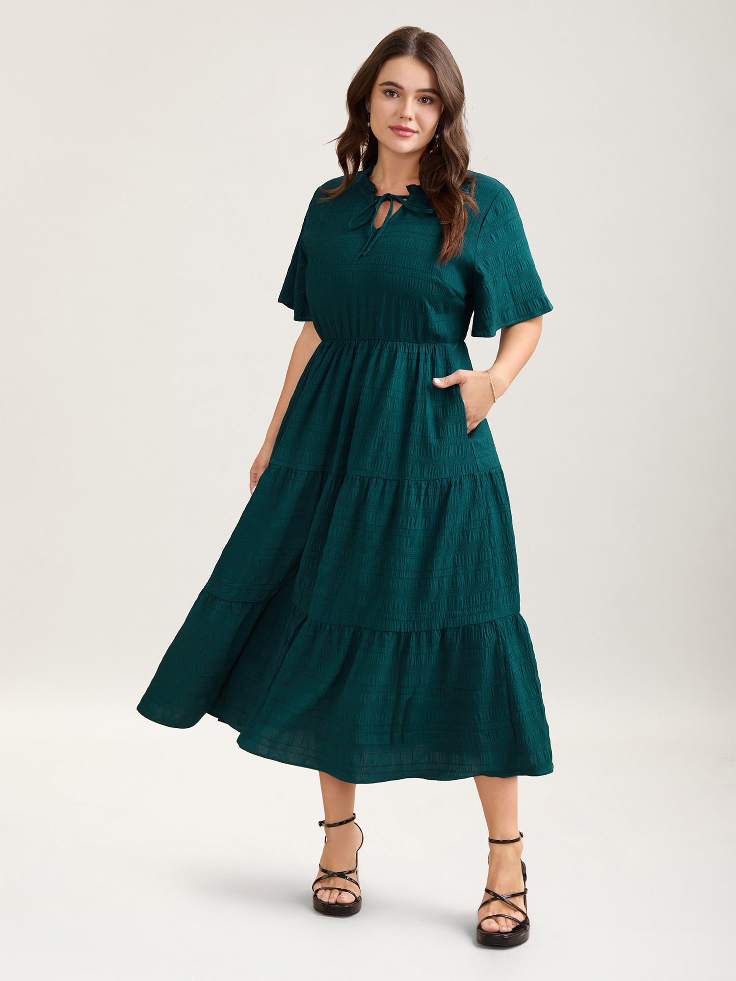 

Plus Size Stretchy Waist Frill Trim Pockets Midi Dress Teal Women Elegant Tie knot Flat collar with V-notch Short sleeve Curvy BloomChic