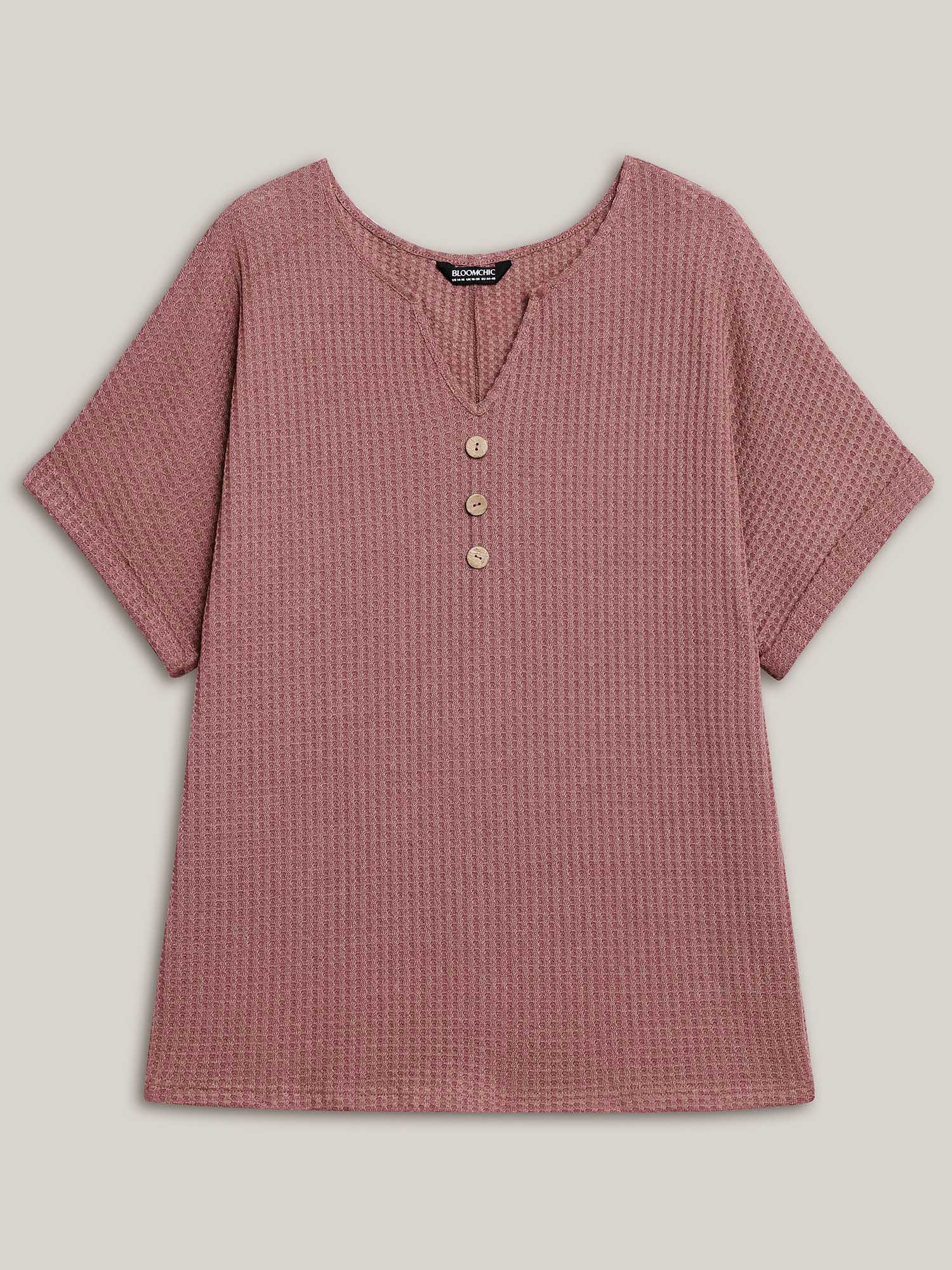 Plus Size Waffle Knit Stretchy Button Split Neck T-Shirt DustyPink Women Casual Texture Flat collar with V-notch Everyday T-shirts BloomChic 30/6X 