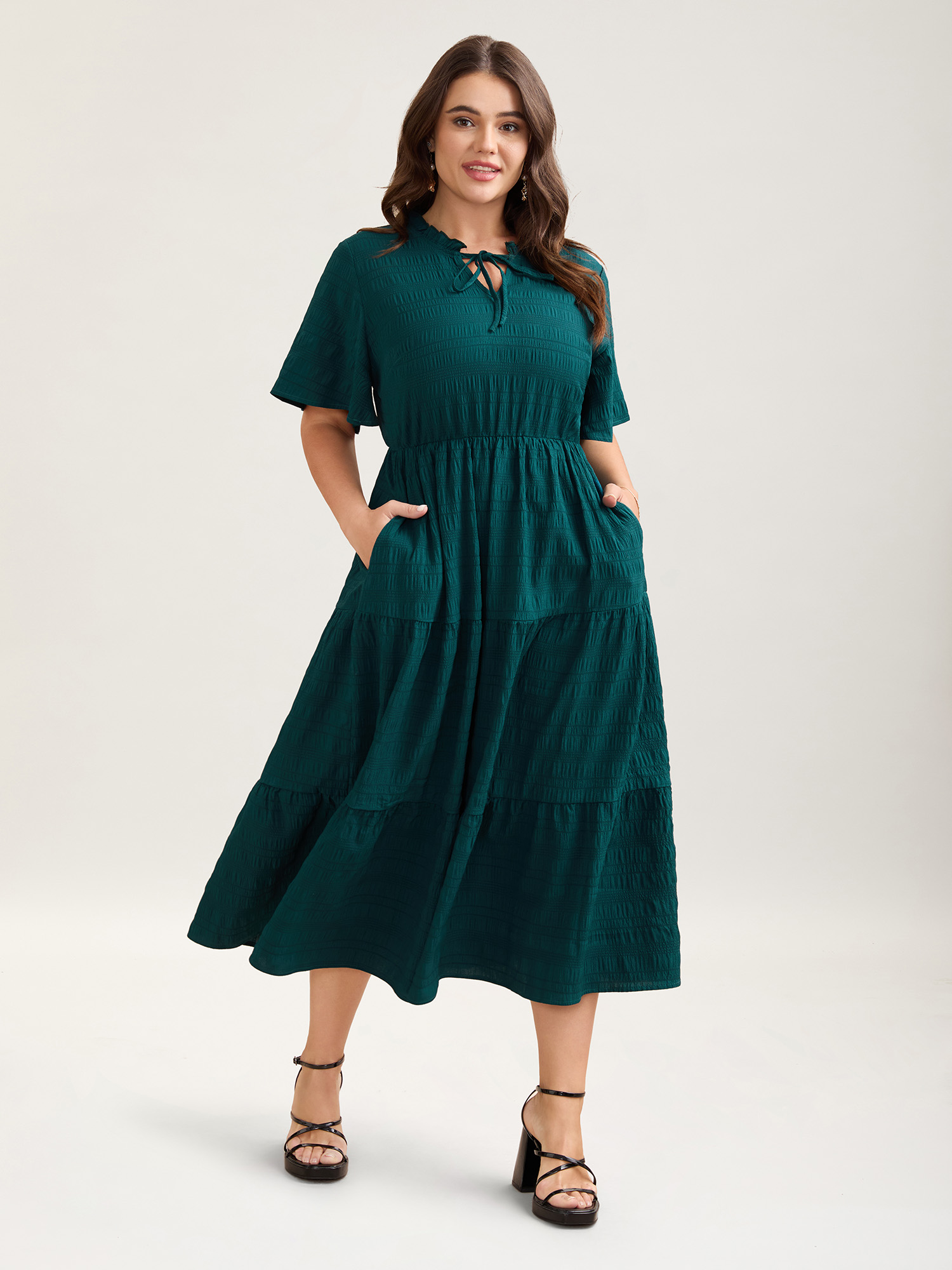 

Plus Size Stretchy Waist Frill Trim Pockets Midi Dress Teal Women Elegant Tie knot Flat collar with V-notch Short sleeve Curvy BloomChic