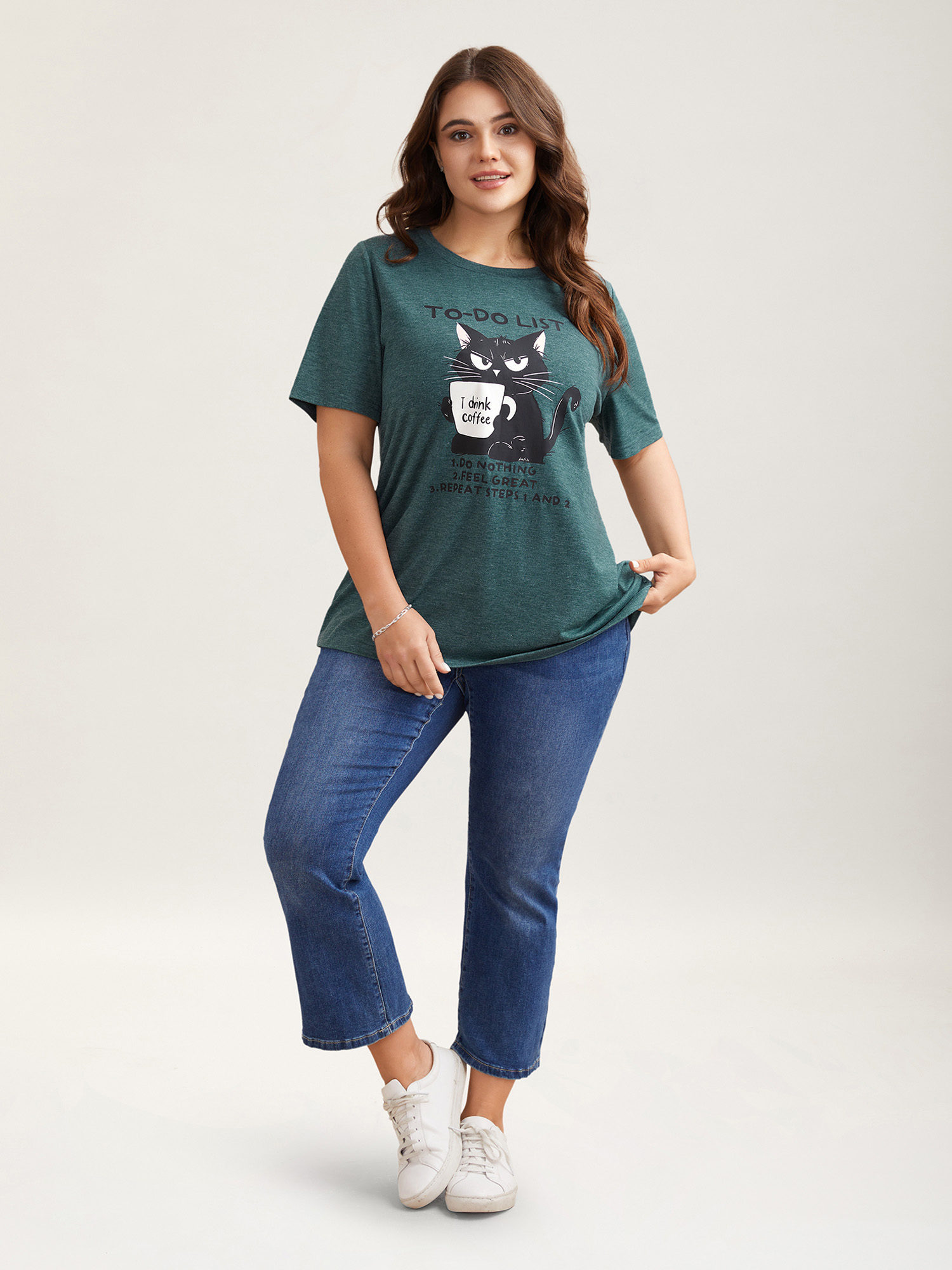 Plus Size Cat To-Do List Heathered T-Shirt DarkSlateGray Women Casual Non Animals Round Neck Everyday T-shirts BloomChic 10/M 
