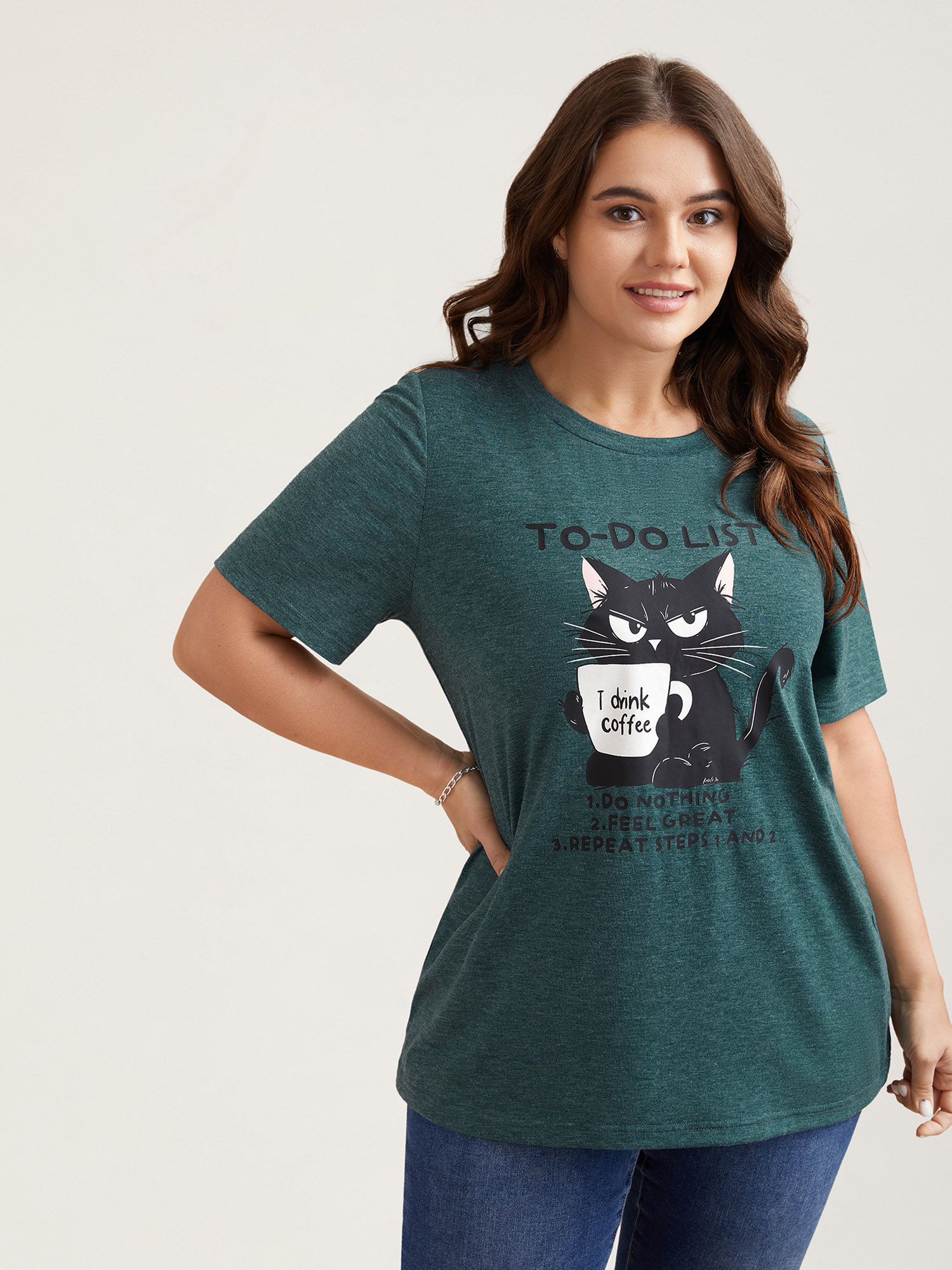 Plus Size Cat To-Do List Heathered T-Shirt DarkSlateGray Women Casual Non Animals Round Neck Everyday T-shirts BloomChic 10/M 