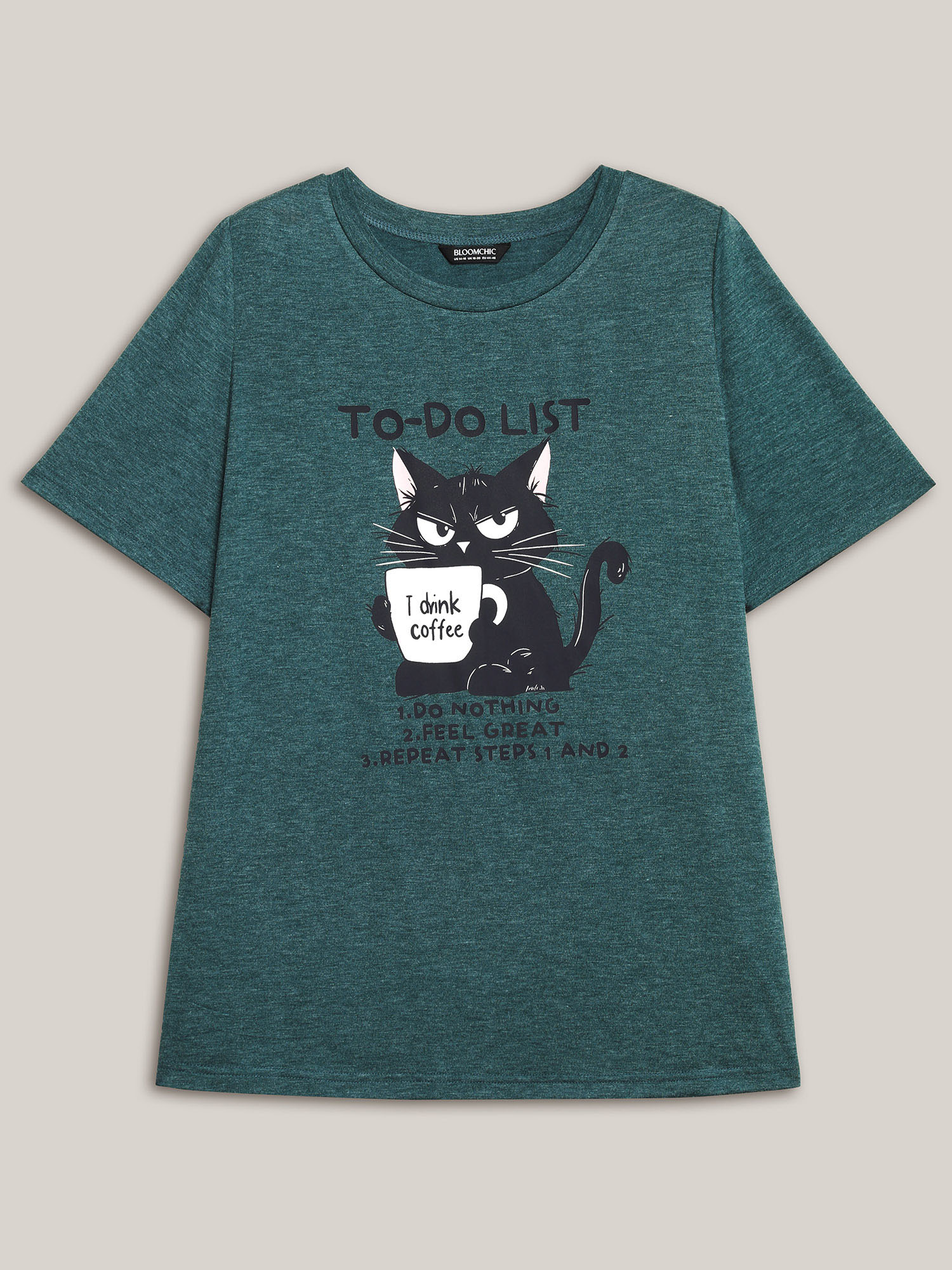 Plus Size Cat To-Do List Heathered T-Shirt DarkSlateGray Women Casual Non Animals Round Neck Everyday T-shirts BloomChic 10/M 