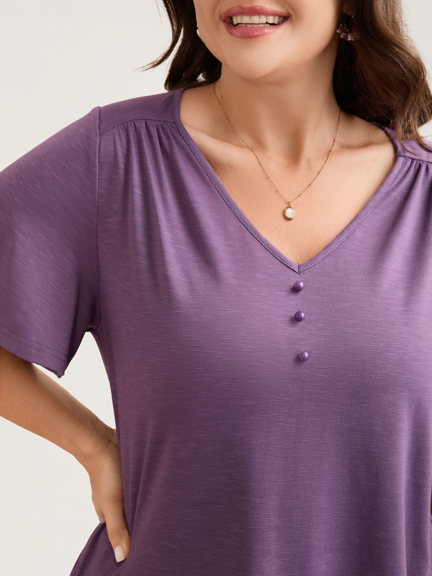 

Plus Size Bamboo Textured Pleated Shoulder Button T-Shirt Mauve Women Elegant Gathered V-neck Everyday T-shirts BloomChic