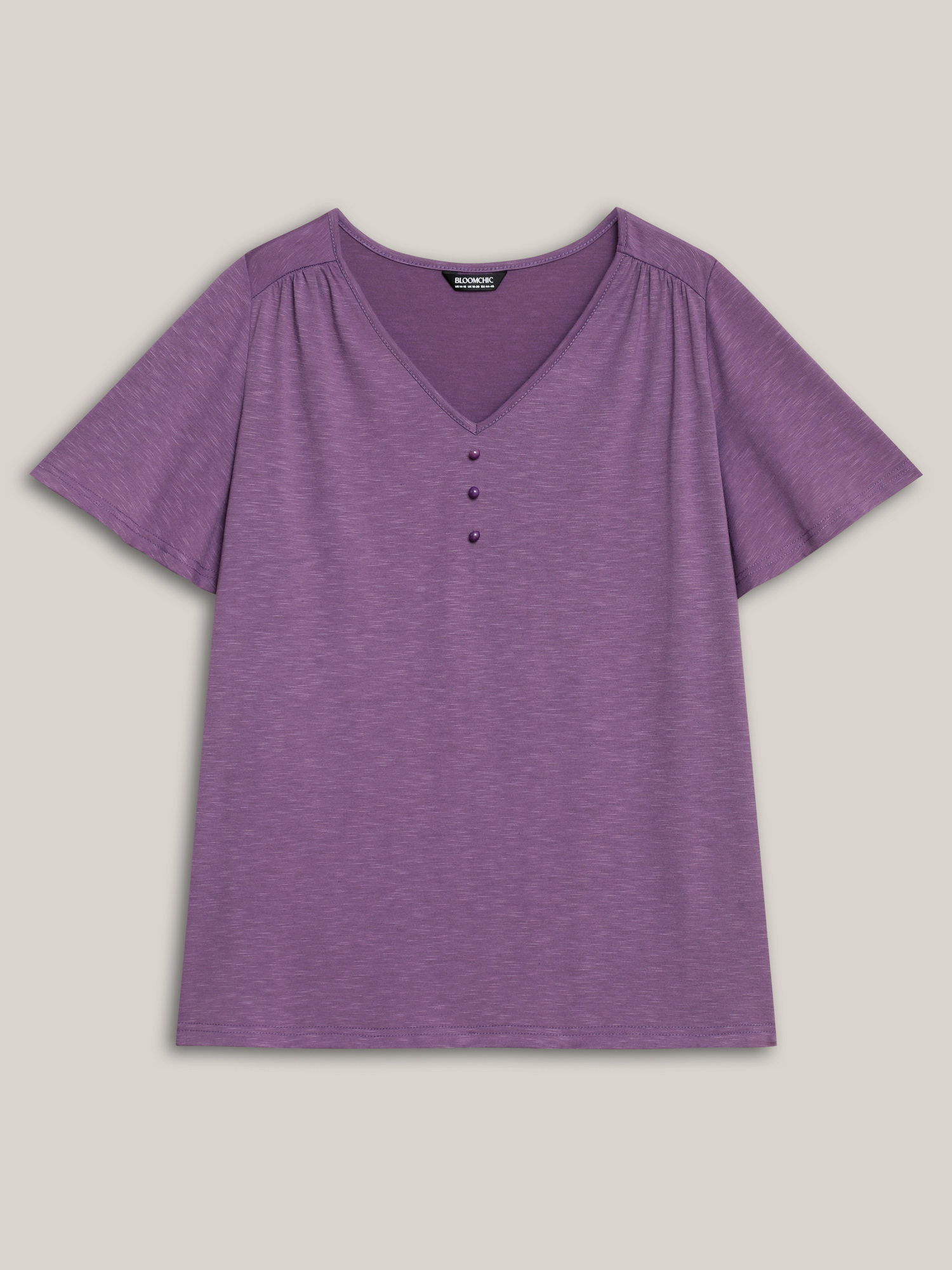 

Plus Size Bamboo Textured Pleated Shoulder Button T-Shirt Mauve Women Elegant Gathered V-neck Everyday T-shirts BloomChic