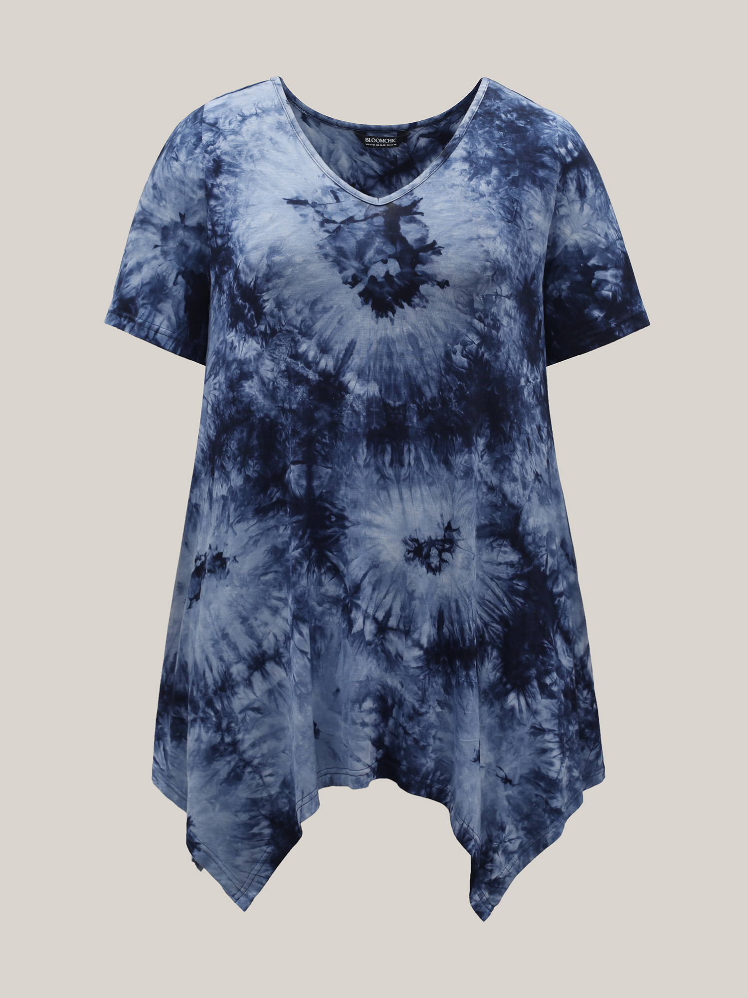 

Plus Size Tie-Dye Stretchy Asymmetrical Hem T-Shirt Indigo Women Casual Asymmetrical V-neck Loose Everyday T-shirts BloomChic