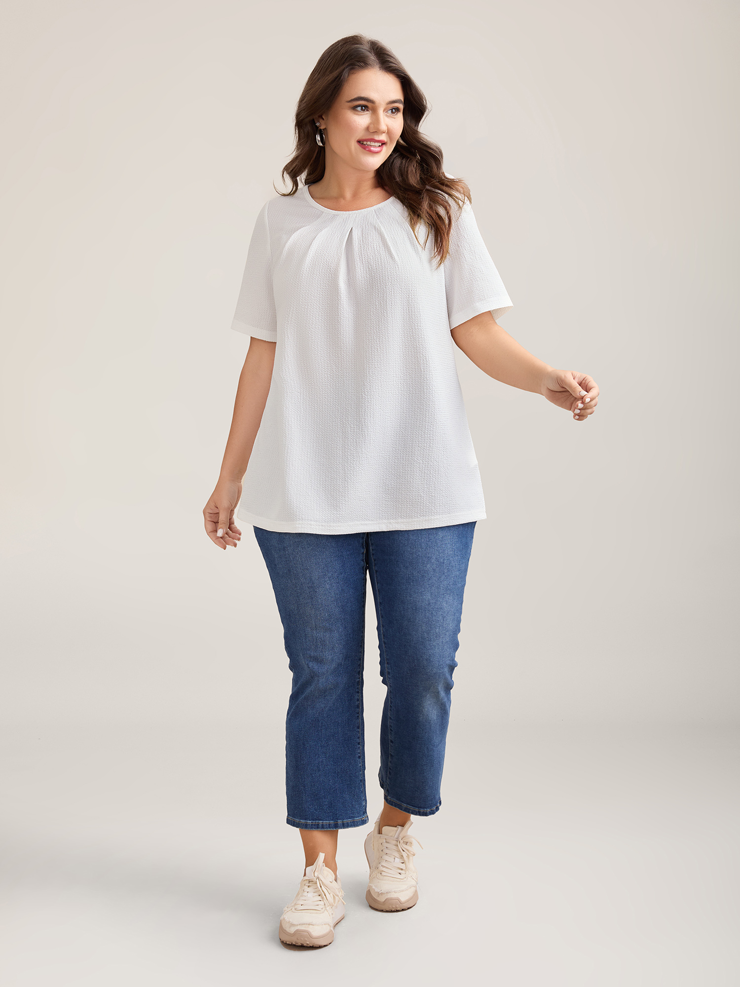 Plus Size Stretchy Textured Pleated Round Neck T-Shirt Ivory Women Casual Texture Round Neck Everyday T-shirts BloomChic 10/M 